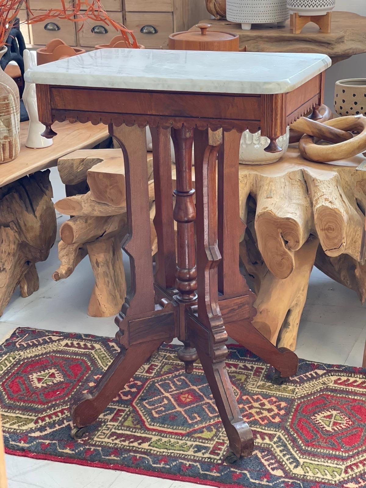 Vintage Table with Stone Top and Casters In Good Condition In Seattle, WA