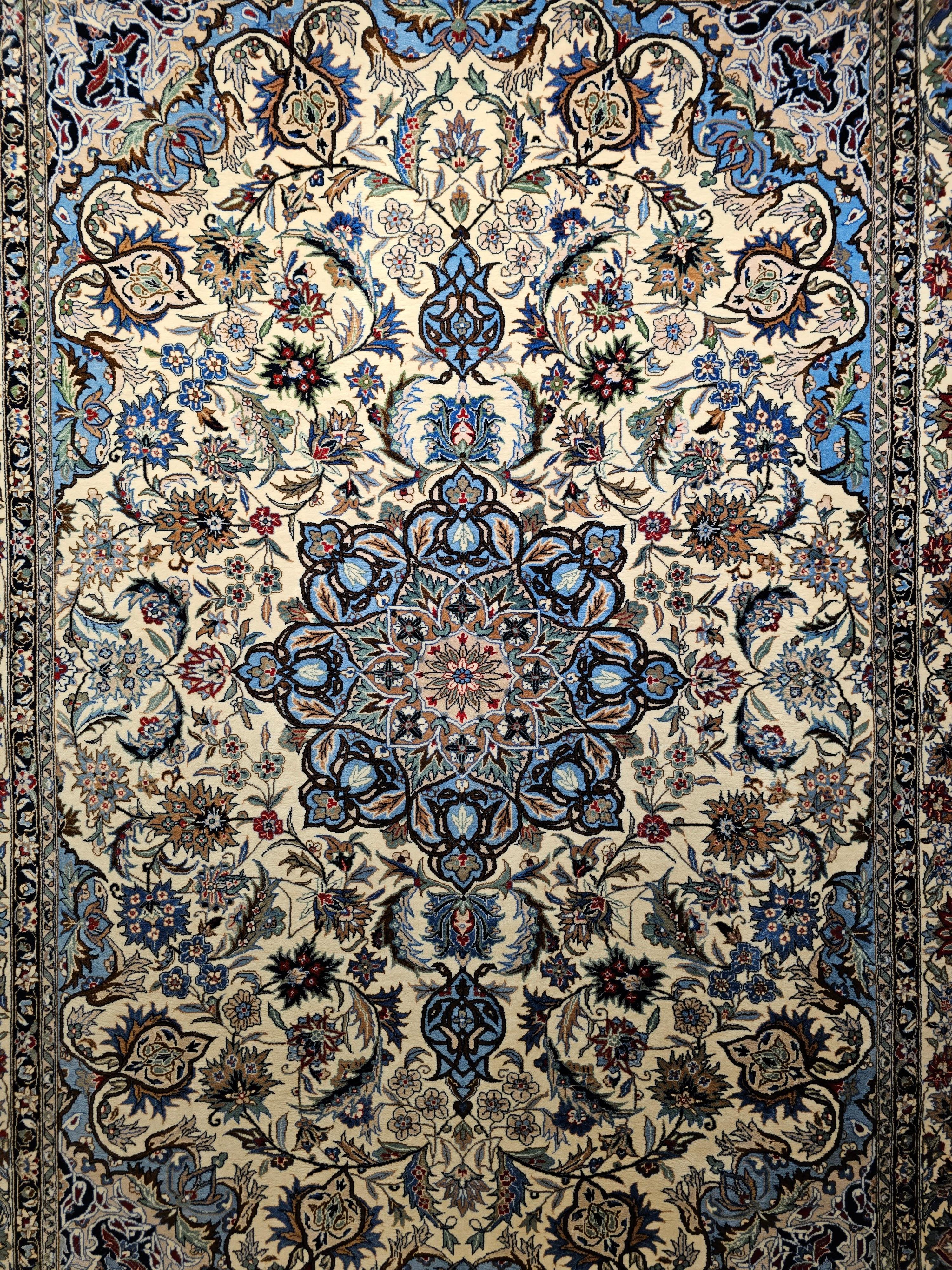 Indian Vintage Tabriz Rug in Floral Design With French Blue, Green, and Ivory Colors For Sale