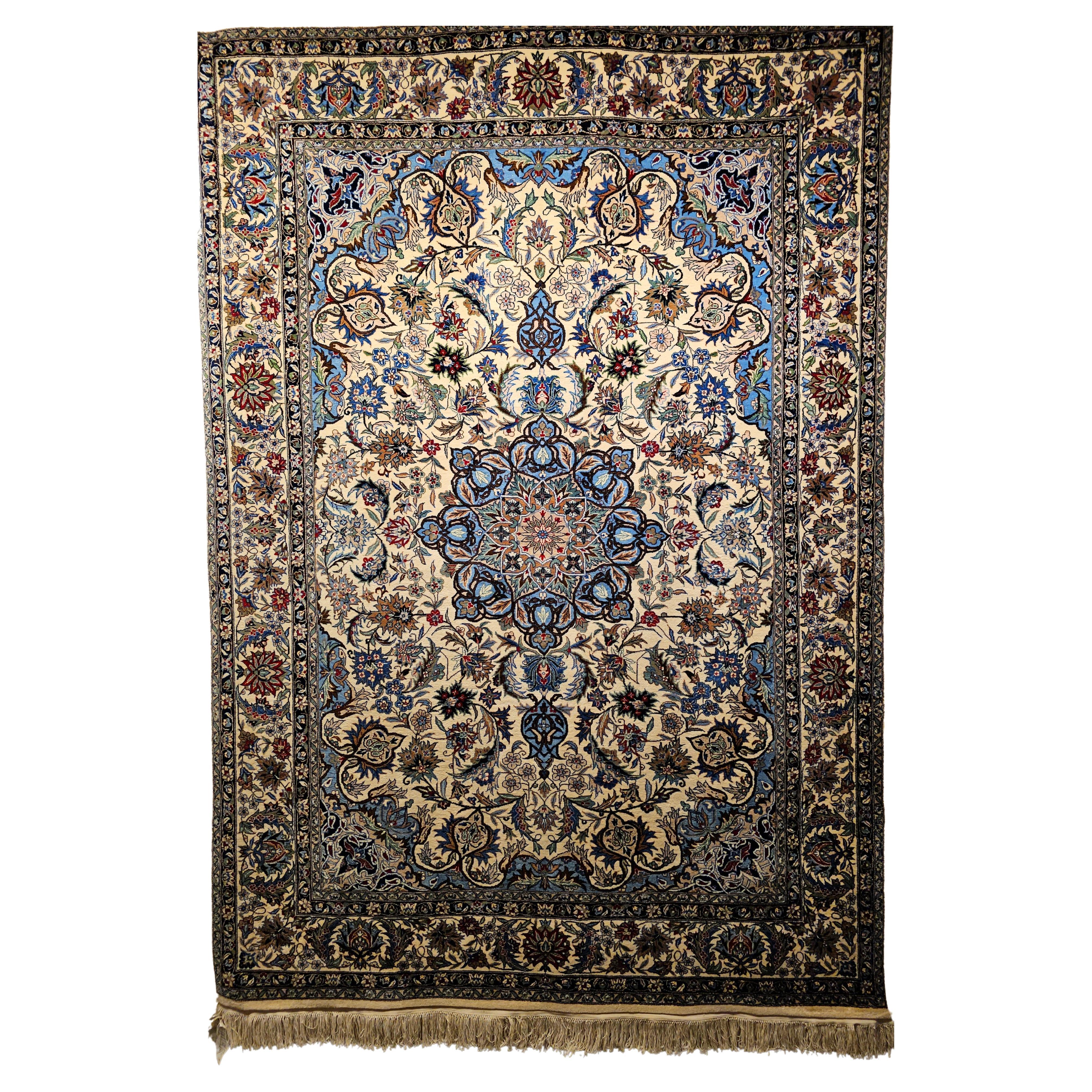 Vintage Tabriz Rug in Floral Design With French Blue, Green, and Ivory Colors