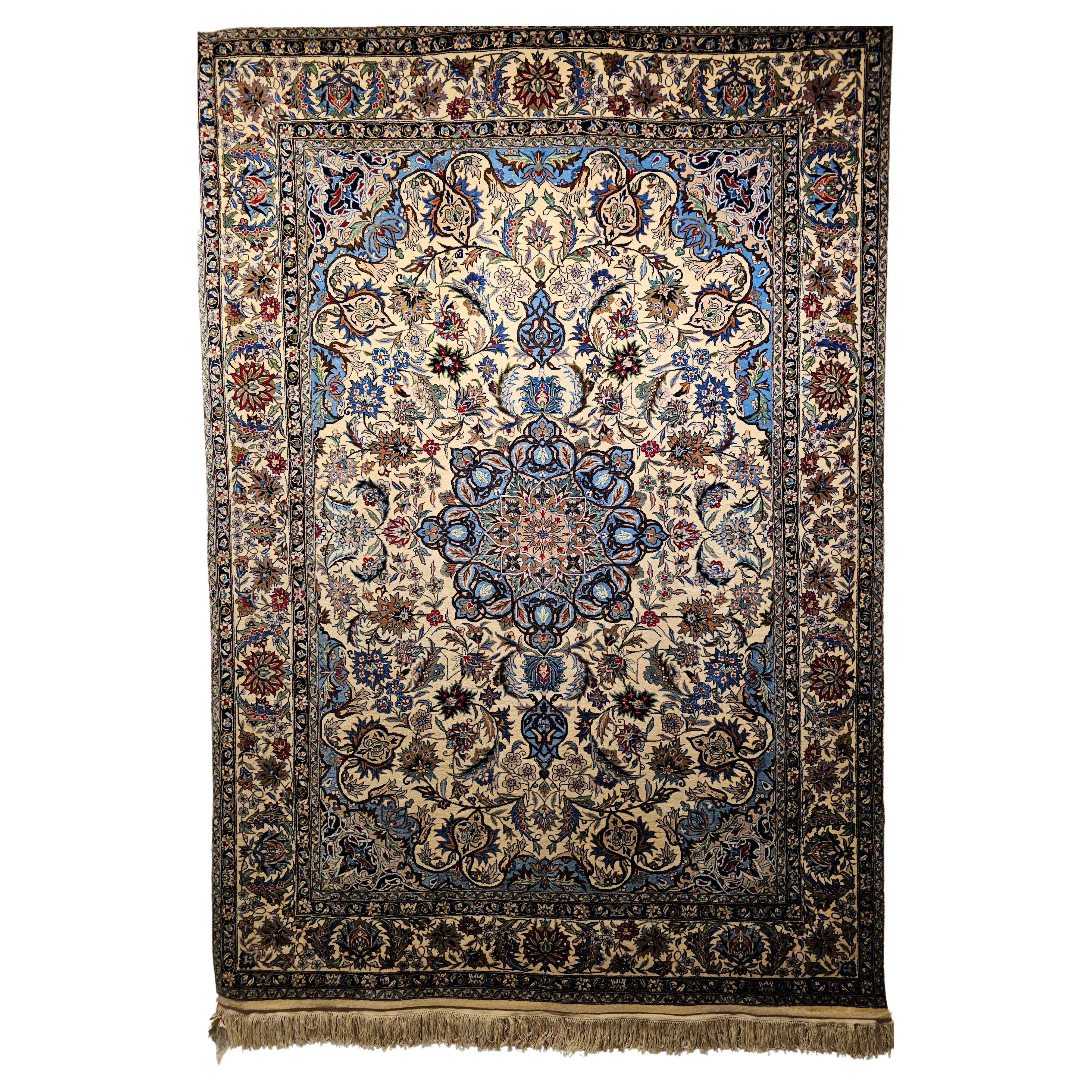 Vintage Persian Tabriz Area Rug in Floral Pattern in Ivory, Persian Blue, Green