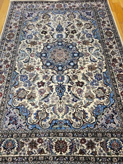 Vintage Persian Tabriz Area Rug in Floral Pattern in Ivory, Persian Blue, Green
