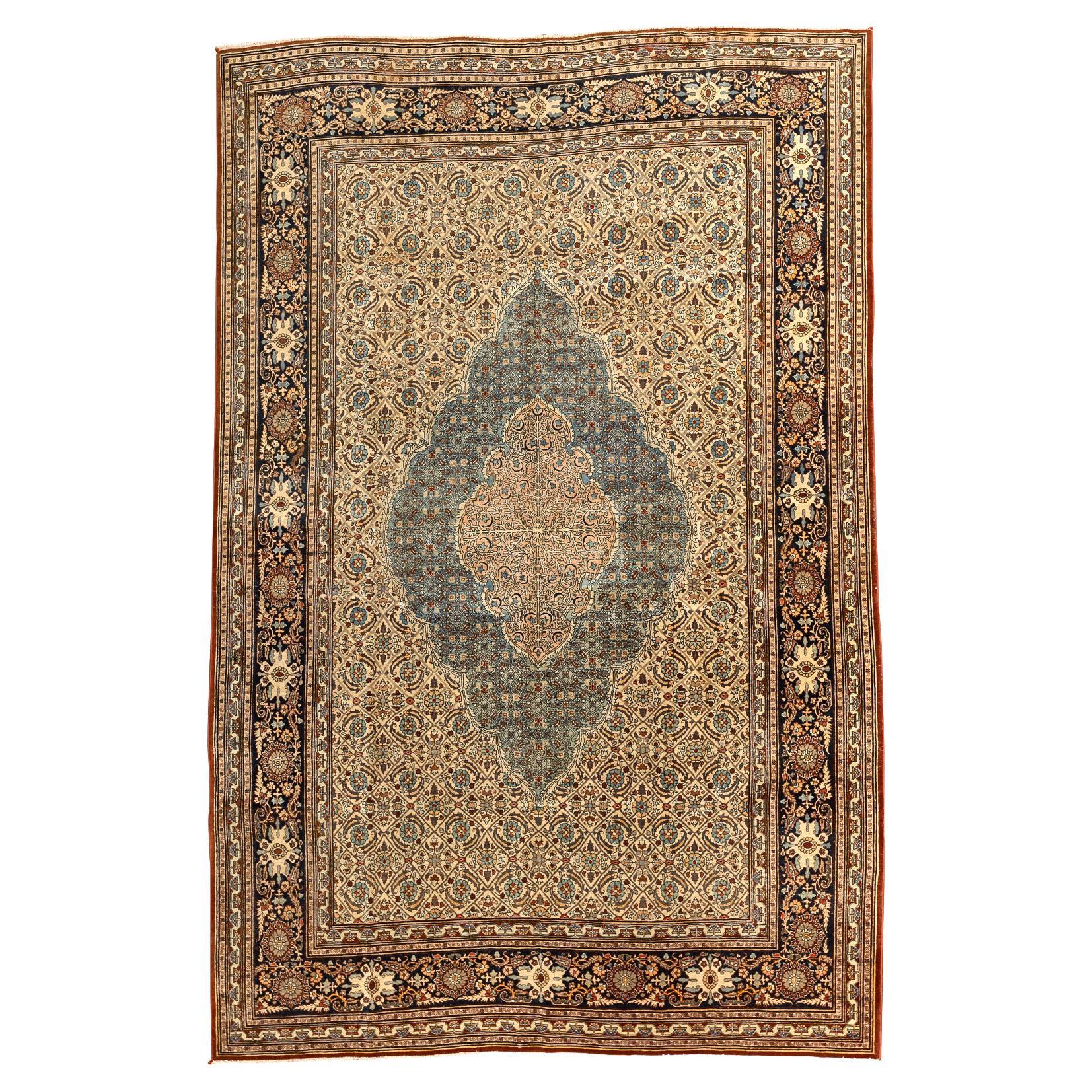 Vintage Tabriz Carpet in Soft Blue and Ivory For Sale
