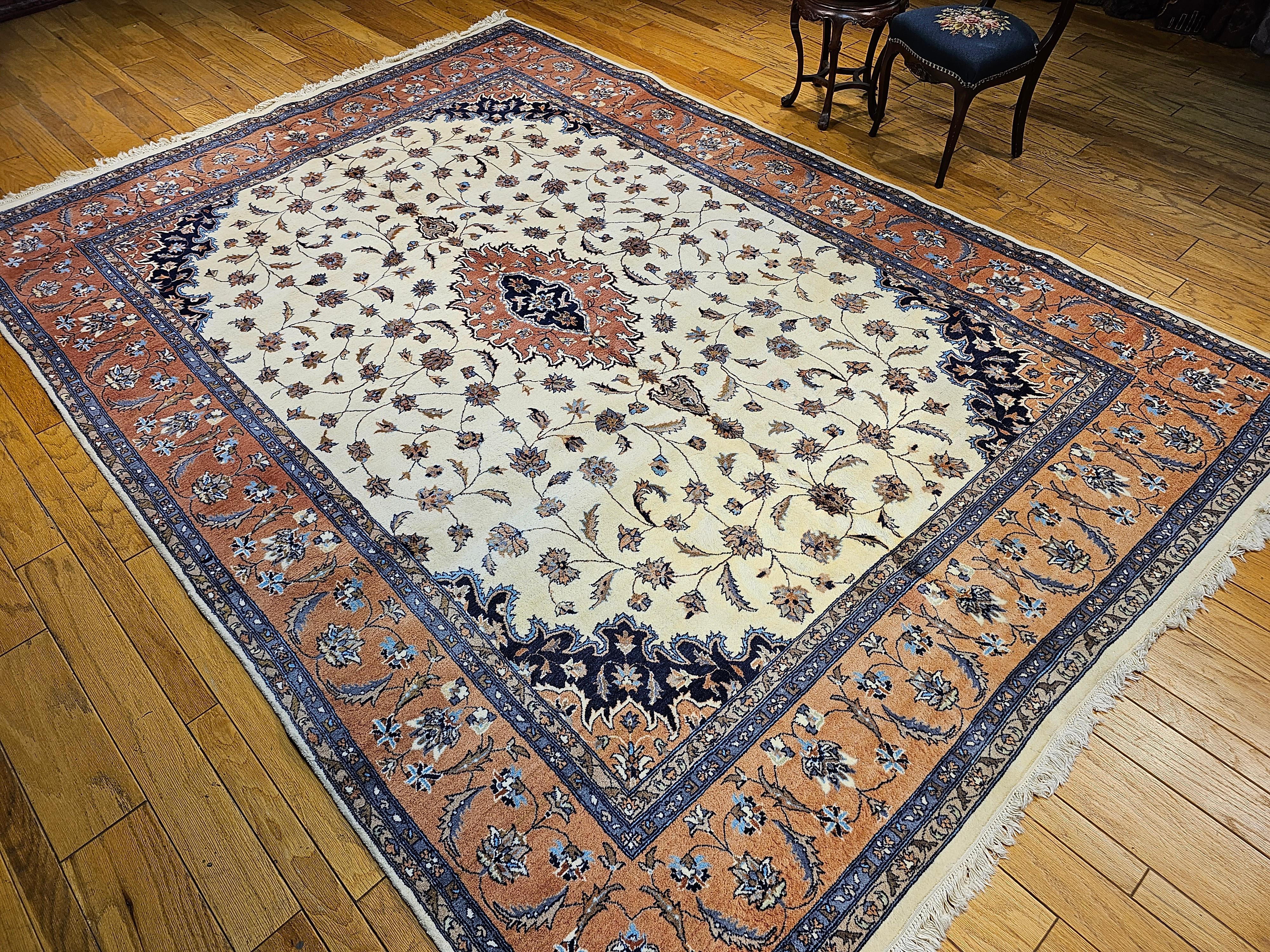 Vintage Tabriz Style Rug in Floral Pattern in Ivory, Terracotta, Navy, Brown For Sale 3