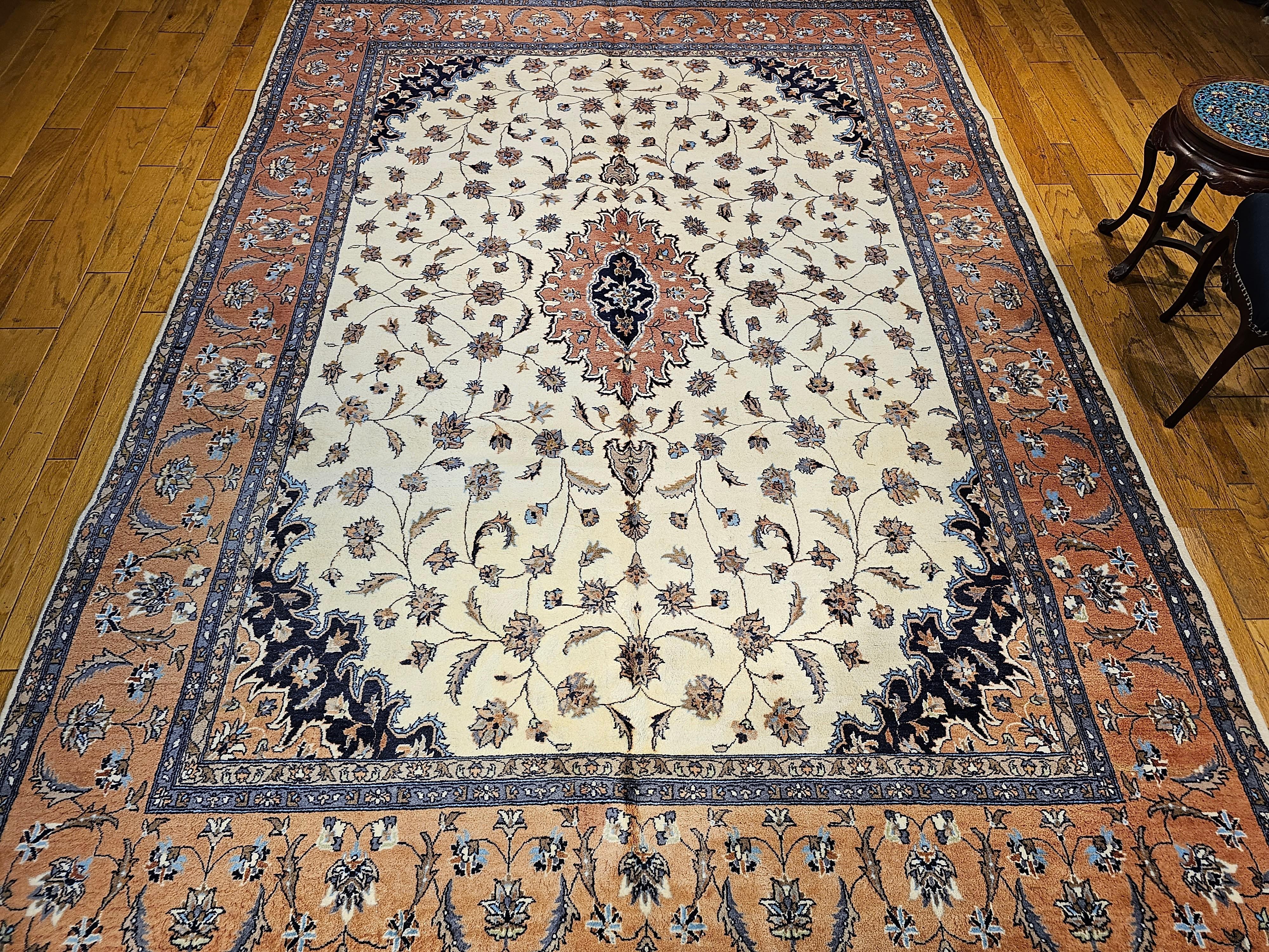 Vintage Tabriz Style Rug in Floral Pattern in Ivory, Terracotta, Navy, Brown For Sale 4