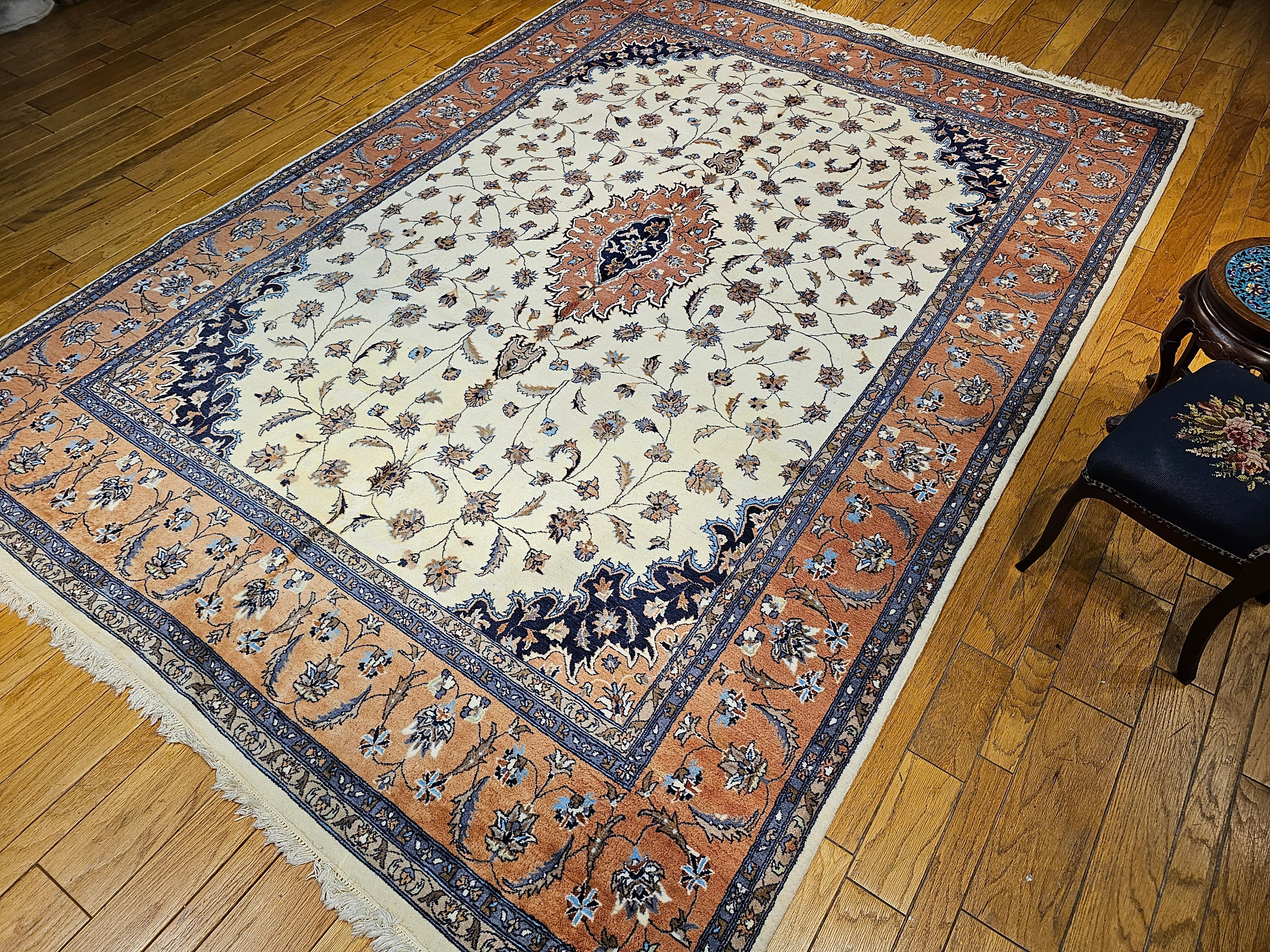Vintage Tabriz Style Rug in Floral Pattern in Ivory, Terracotta, Navy, Brown For Sale 5