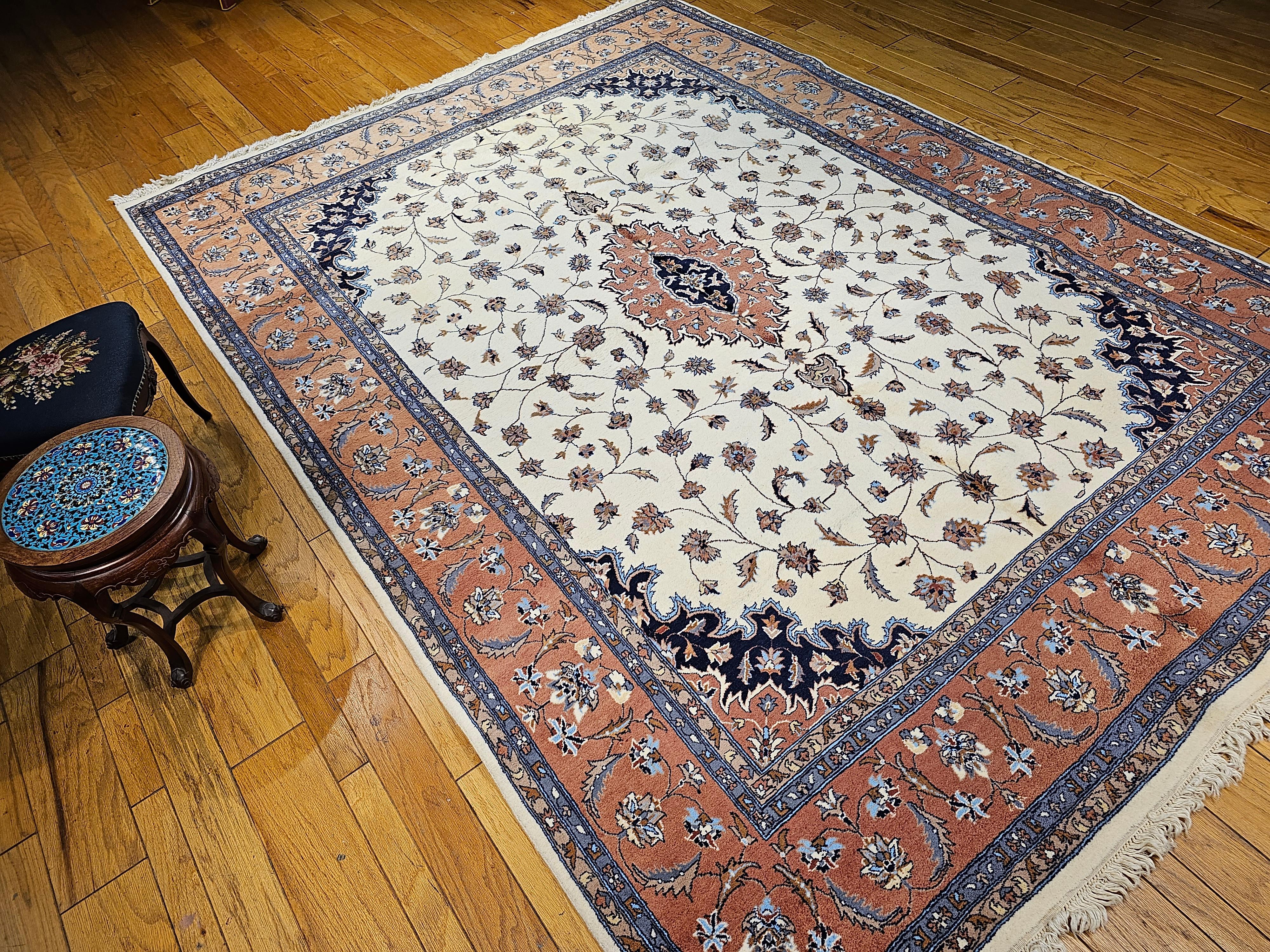 Vintage Tabriz Style Rug in Floral Pattern in Ivory, Terracotta, Navy, Brown For Sale 6