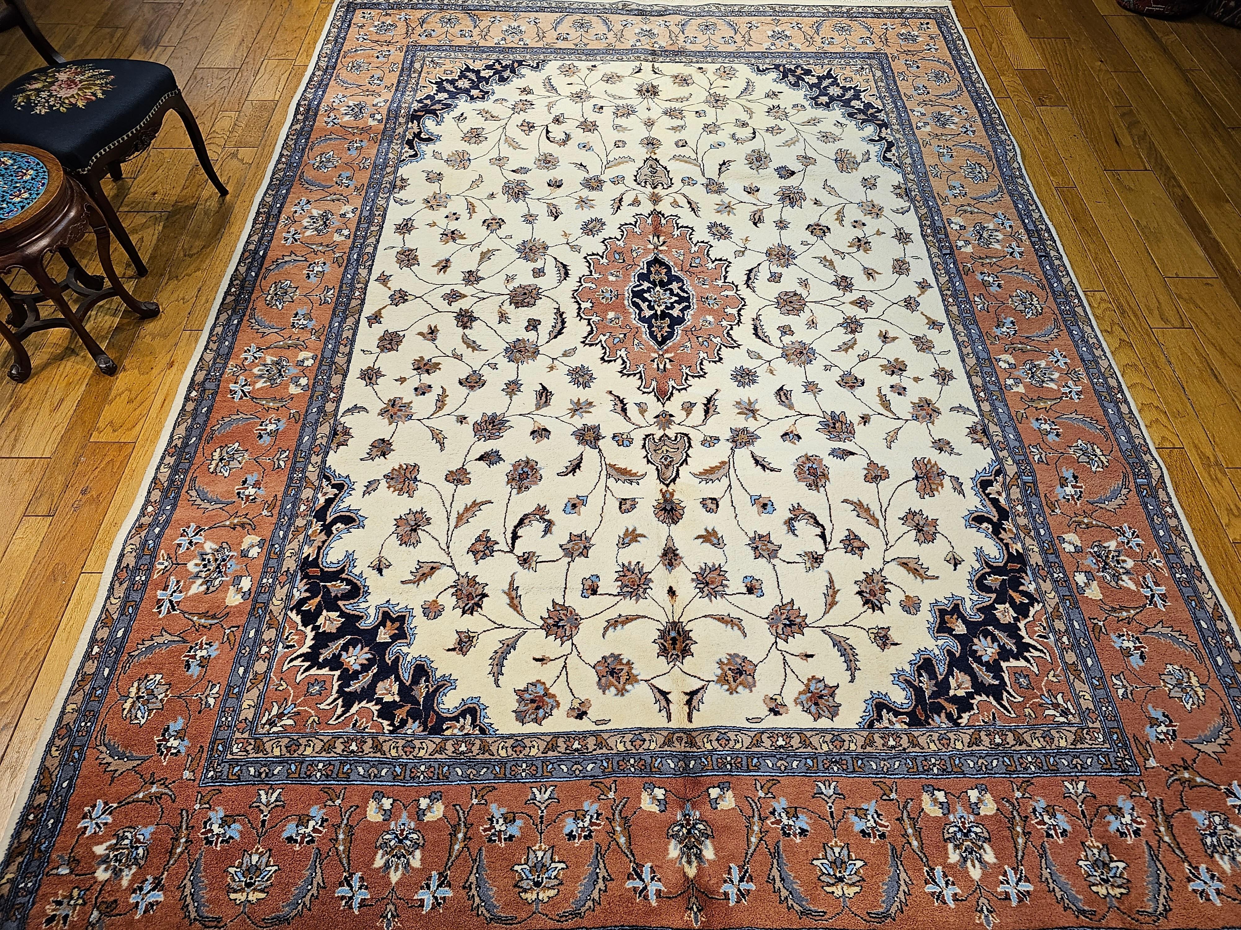 Vintage Tabriz Style Rug in Floral Pattern in Ivory, Terracotta, Navy, Brown For Sale 7