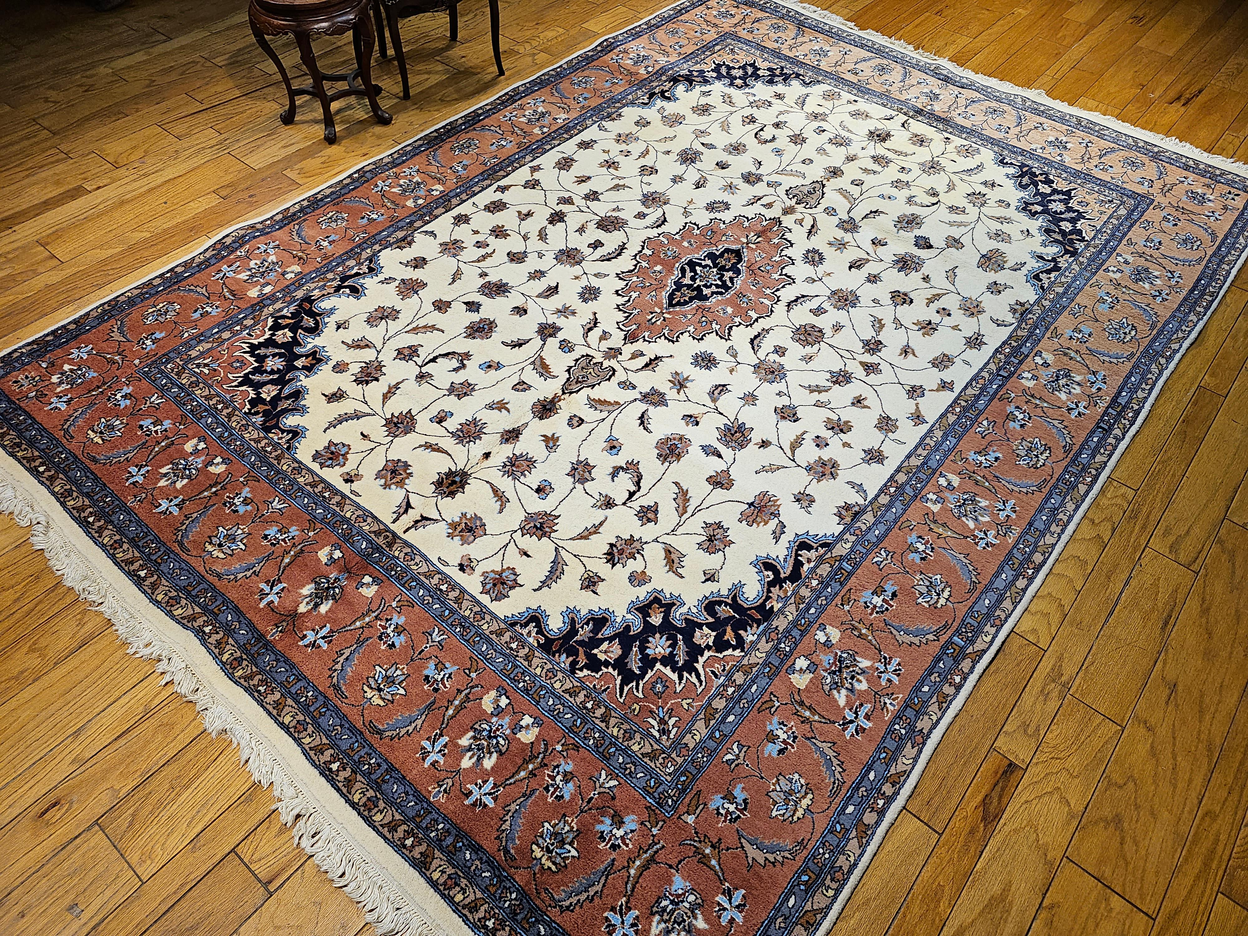 Vintage Tabriz Style Rug in Floral Pattern in Ivory, Terracotta, Navy, Brown For Sale 8