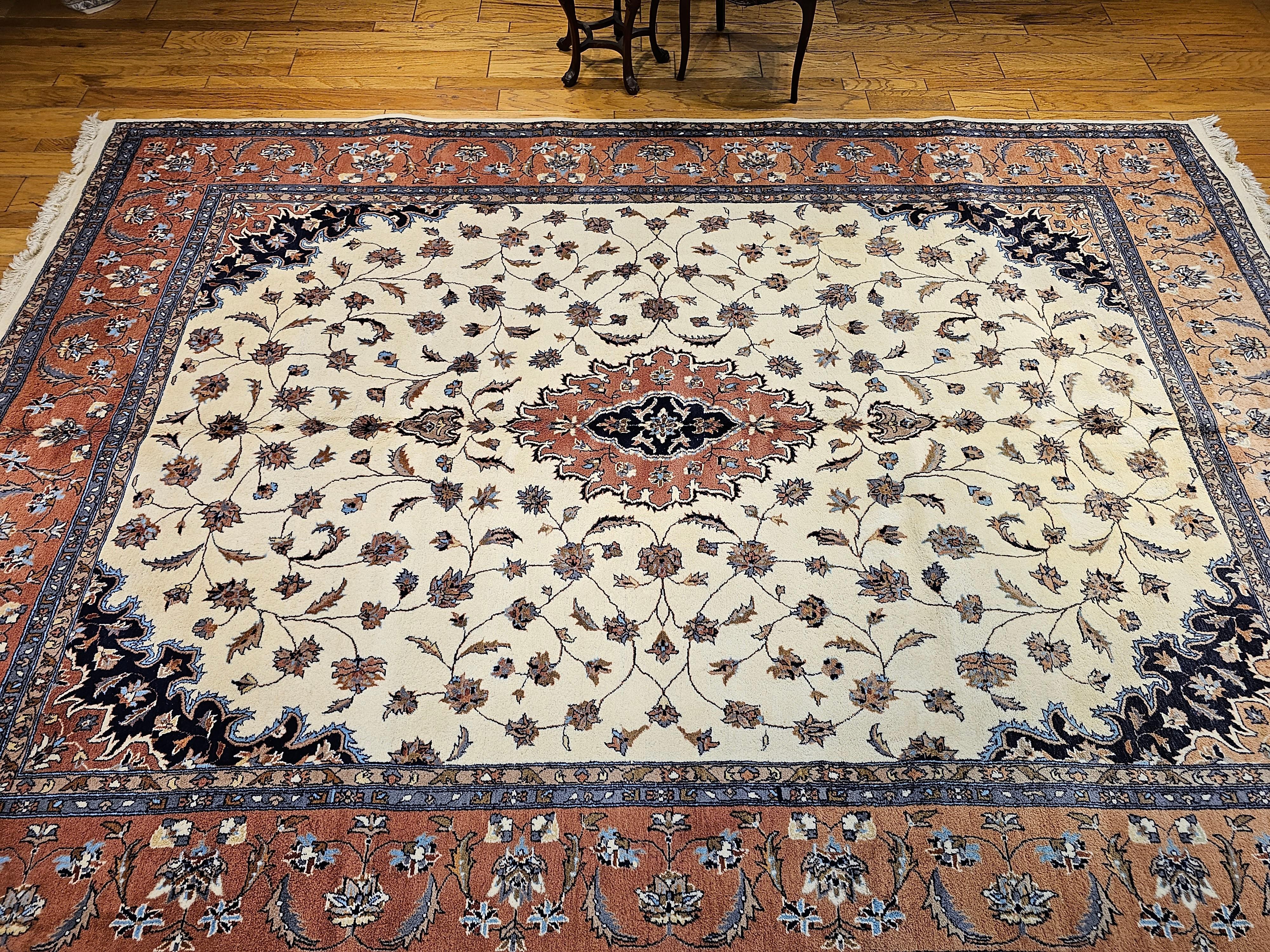Vintage Tabriz Style Rug in Floral Pattern in Ivory, Terracotta, Navy, Brown For Sale 6