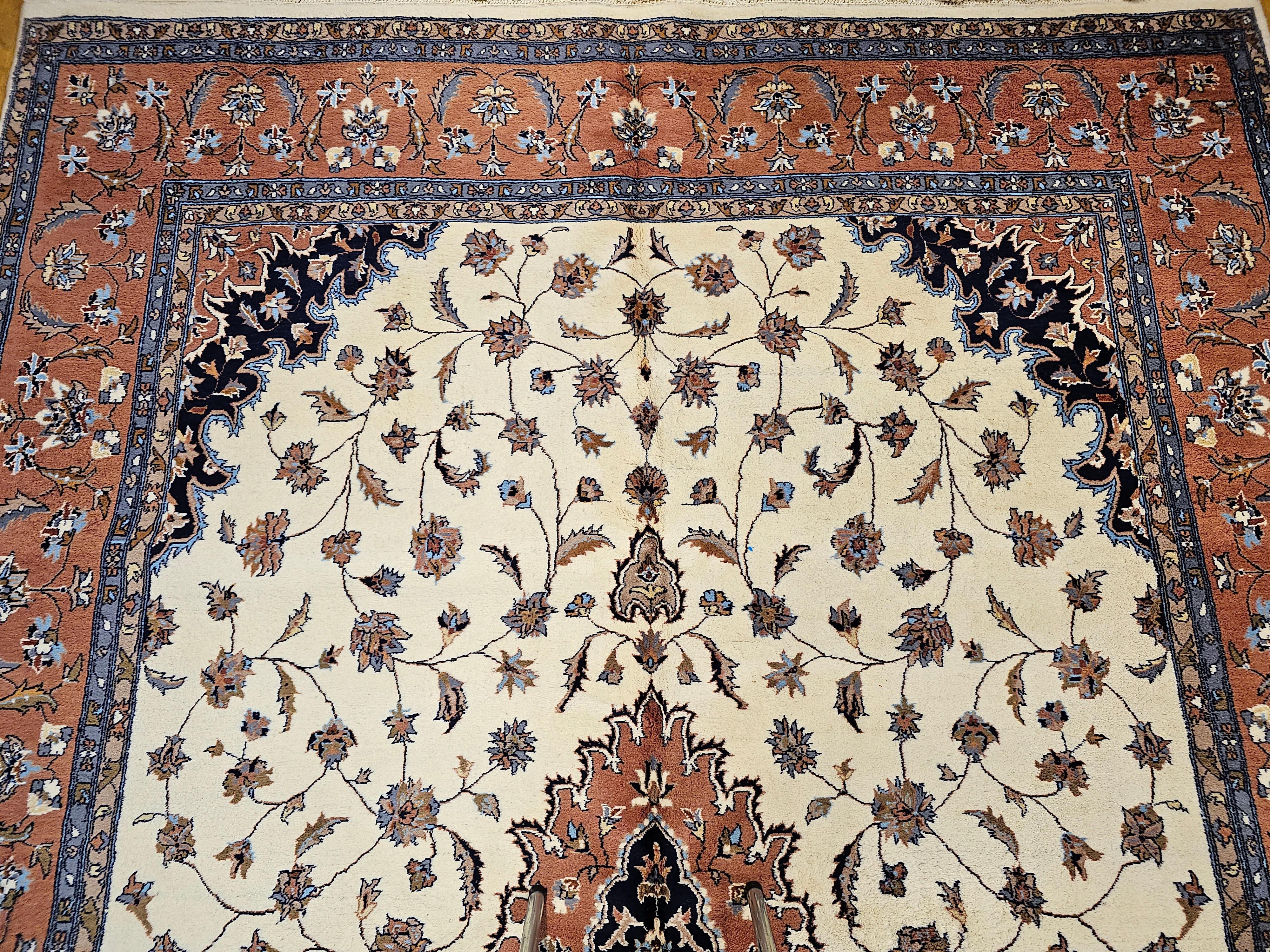 Vintage Tabriz Style Rug in Floral Pattern in Ivory, Terracotta, Navy, Brown In Good Condition For Sale In Barrington, IL
