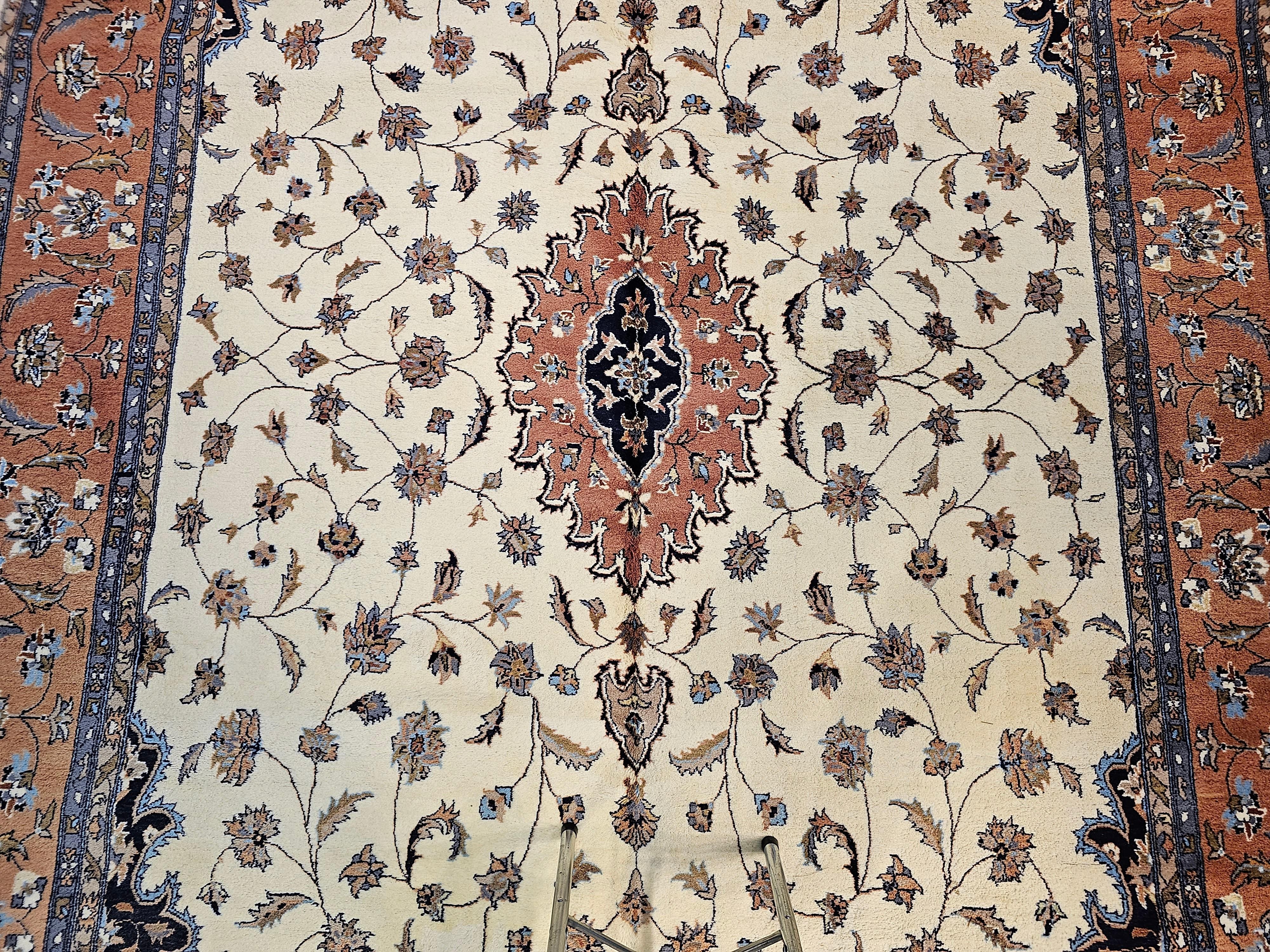 Hand-Knotted Vintage Tabriz Style Rug in Floral Pattern in Ivory, Terracotta, Navy, Brown For Sale