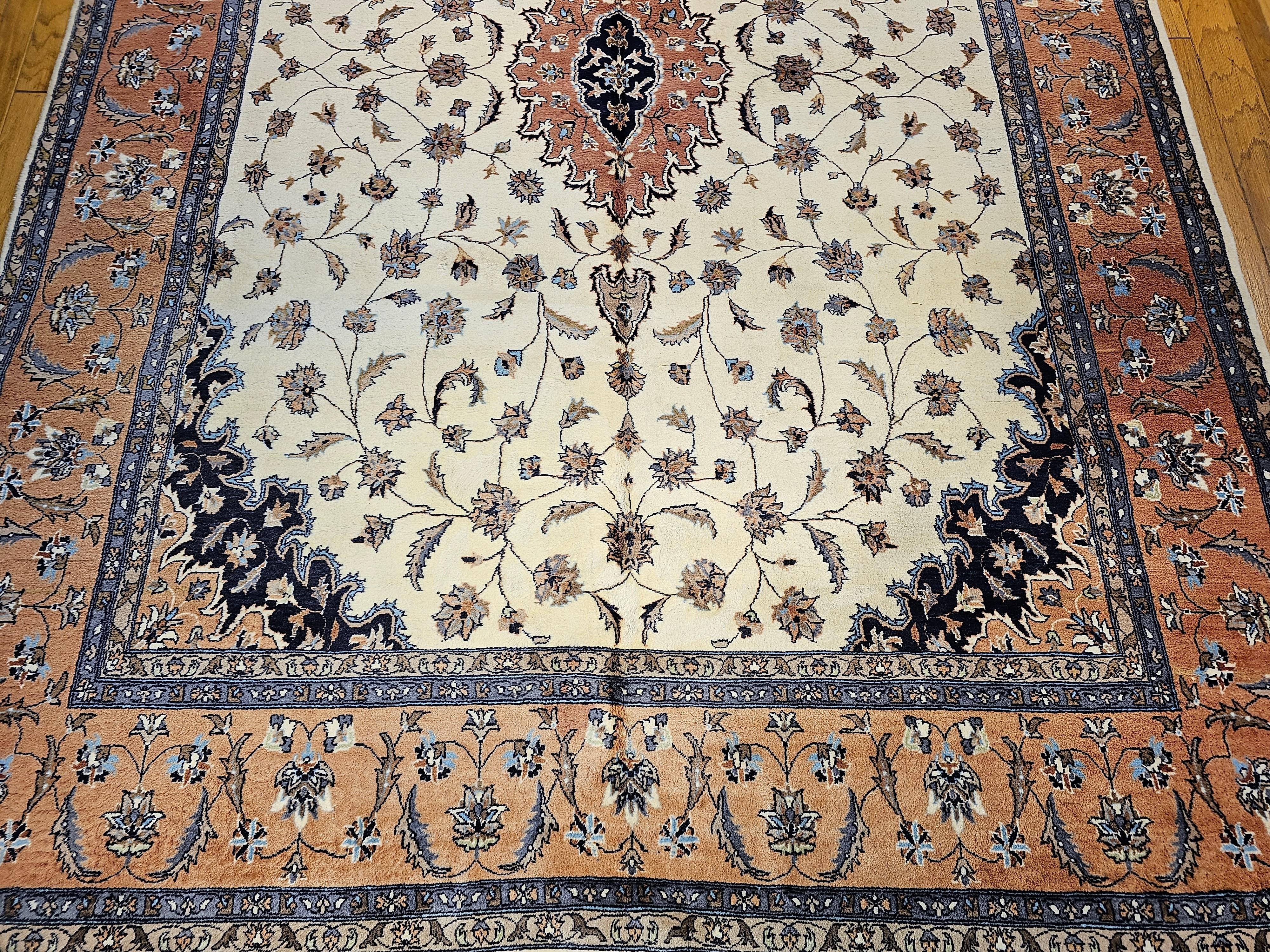 Pakistani Vintage Tabriz Style Rug in Floral Pattern in Ivory, Terracotta, Navy, Brown For Sale
