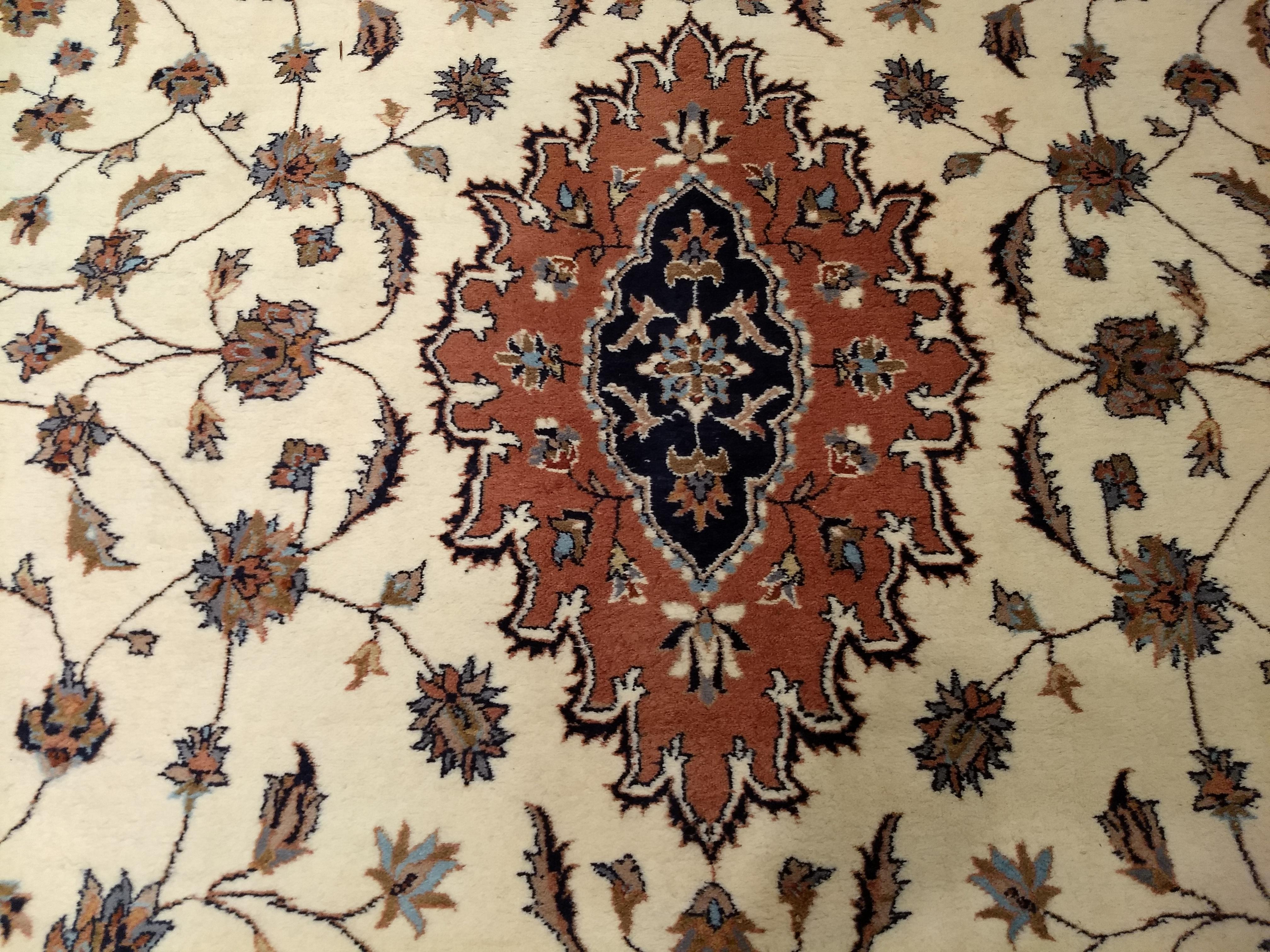 Wool Vintage Tabriz Style Rug in Floral Pattern in Ivory, Terracotta, Navy, Brown For Sale