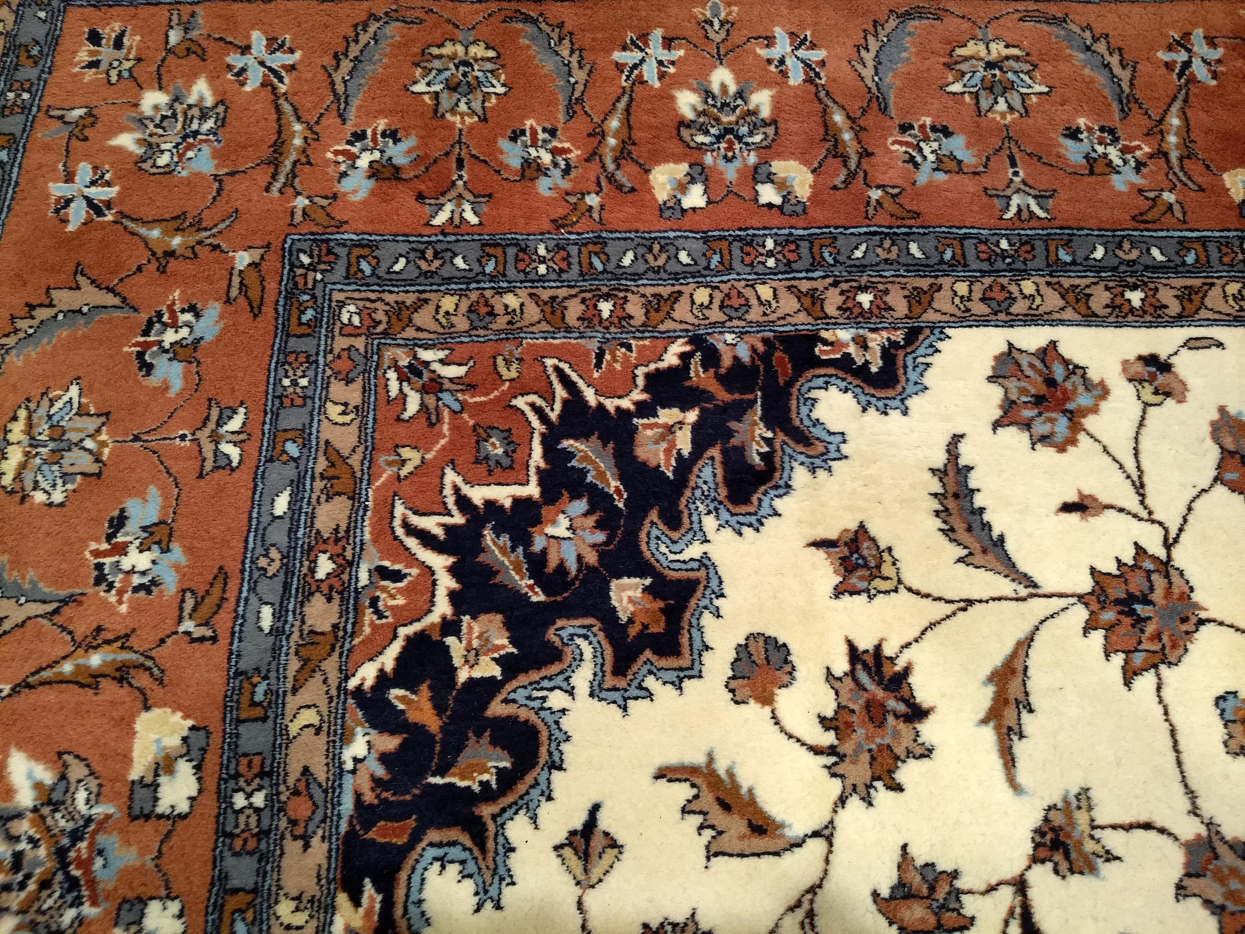 Vintage Tabriz Style Rug in Floral Pattern in Ivory, Terracotta, Navy, Brown For Sale 1