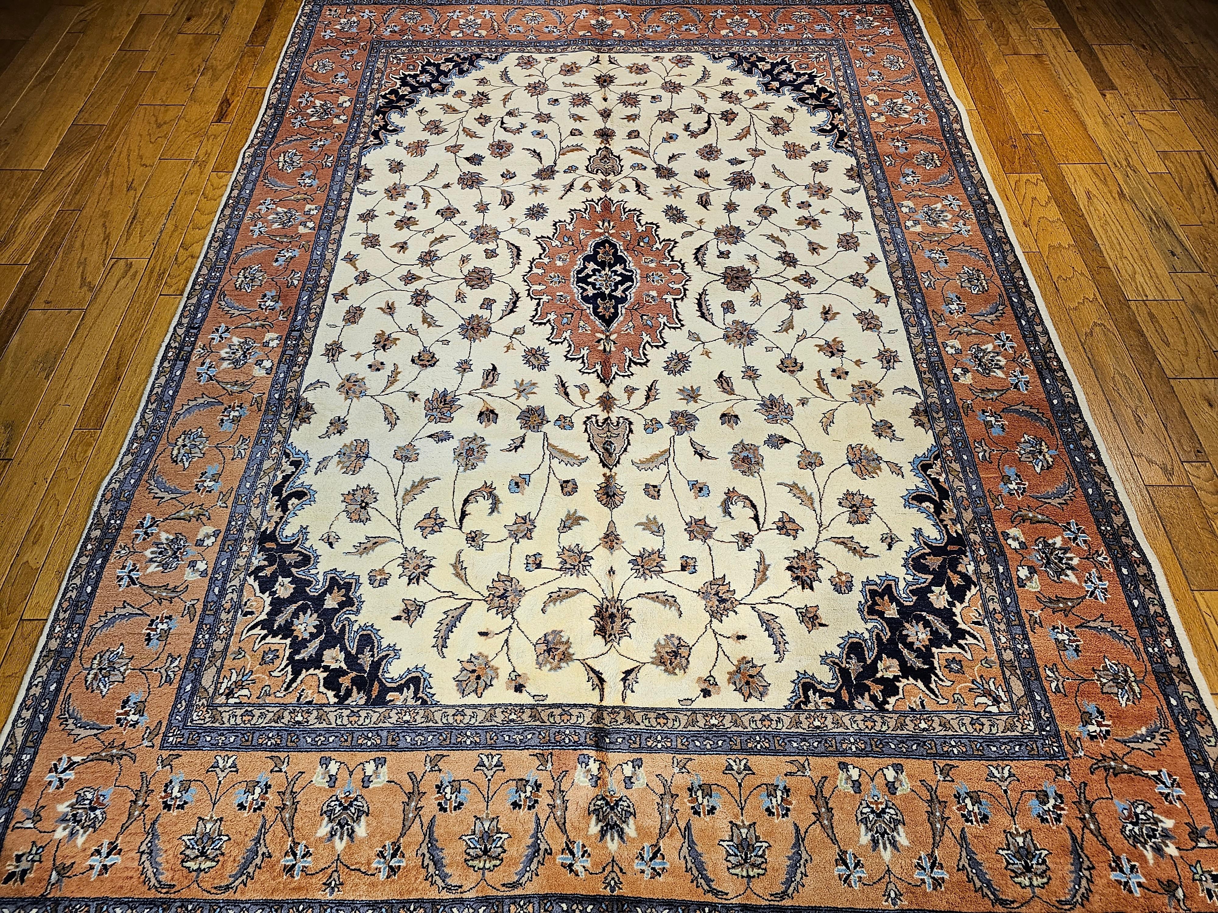 Vintage Tabriz Style Rug in Floral Pattern in Ivory, Terracotta, Navy, Brown For Sale 2