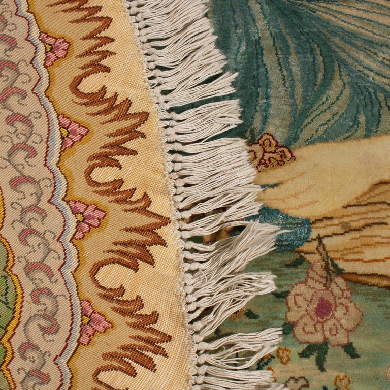 Vintage Tabriz Green and Blue Wool Persian Rug Tassel Fringes by Rug