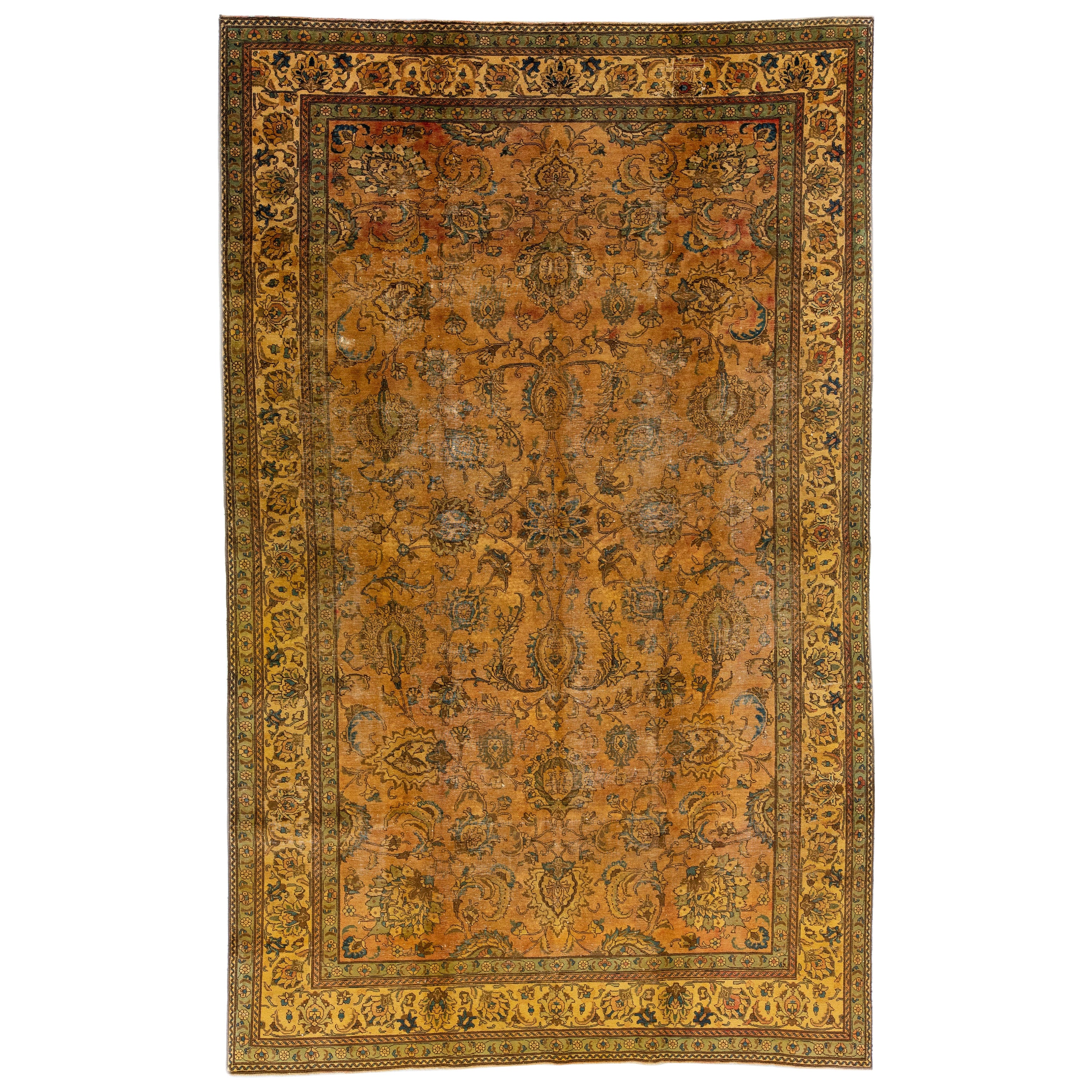 Handgefertigter brauner persischer Tabriz-Wollteppich mit floralem Design