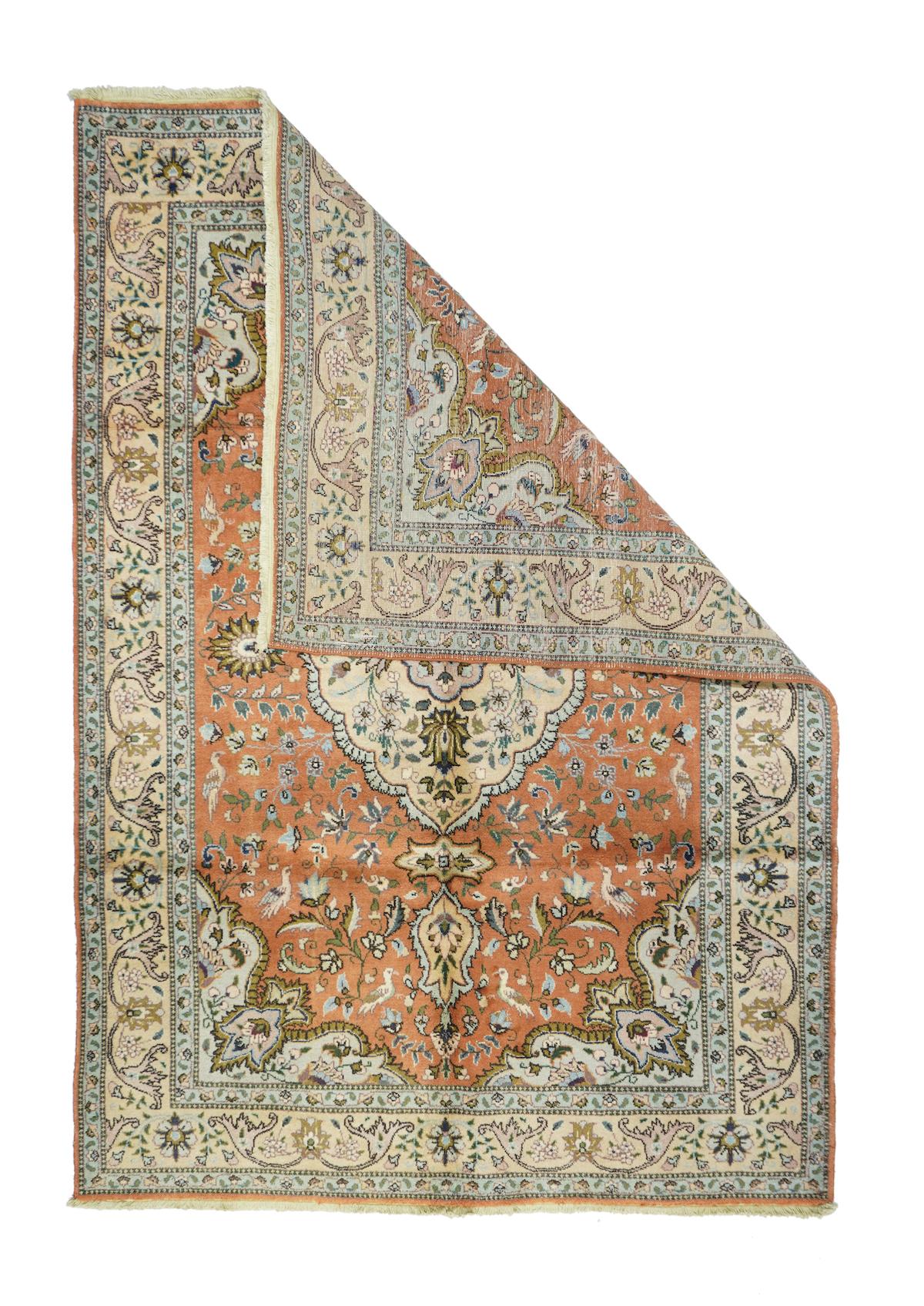 Vintage Tabriz Rug 6' x 8'9''. The Rose-Peach field of this very well-woven NW Persian CIY scatter shows a lightly scalloped oval straw medallion with vase, cartouche and palmette pendants. cream corners with pale green oblique escutcheons, straw