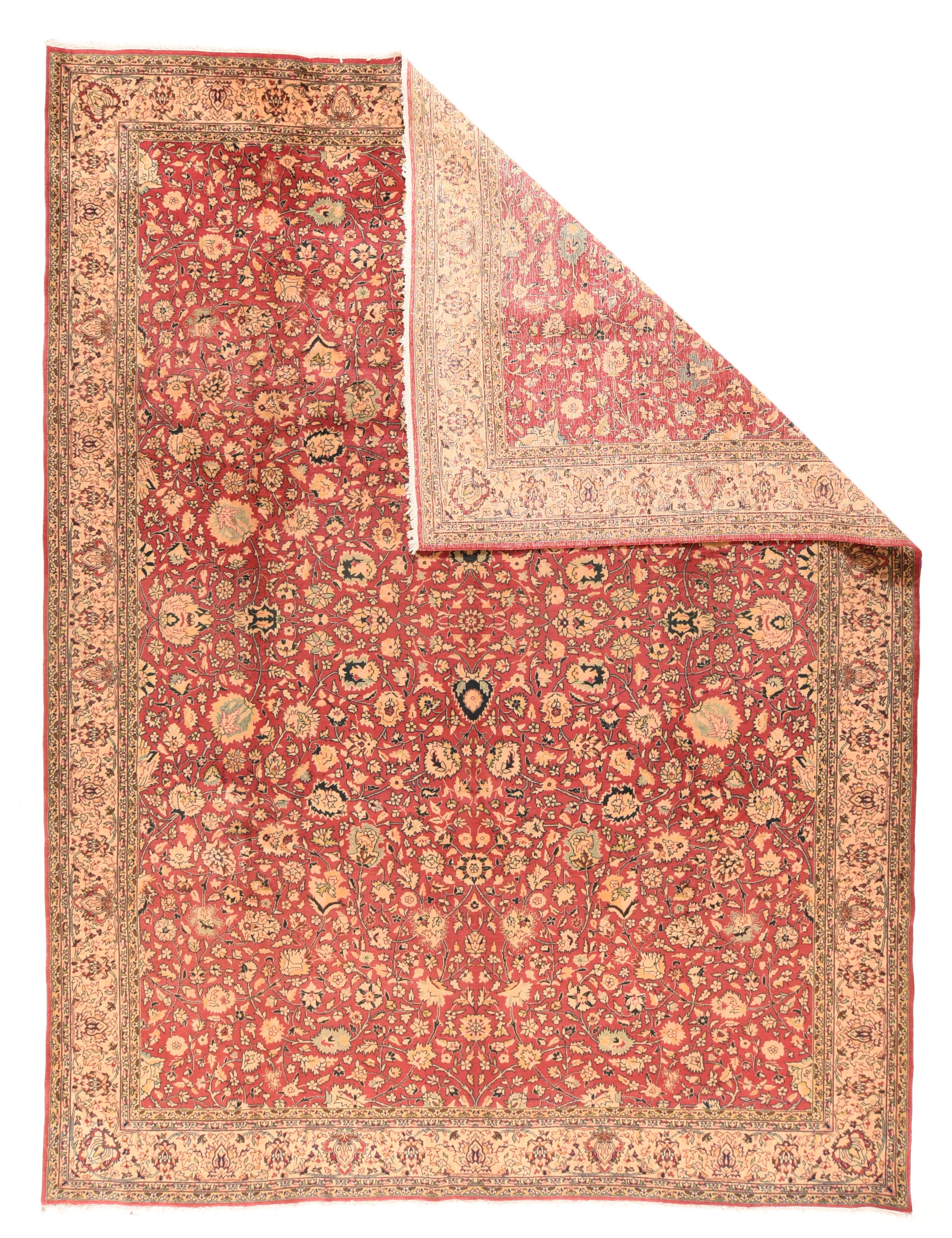 Vintage Tabriz rug 8'6'' x 11'. Totally in the classical Persian style, this well-woven urban piece shows a slightly varied red field supporting a close allover pattern of golden palmettes, leaves and two levels of coiling vinery. Near black