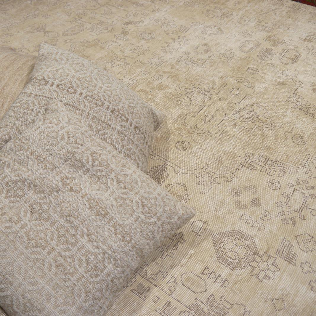 Asian Vintage Tabriz Rug Classic Rug Muted Neutral Gray Beige Brown Hand Knotted For Sale