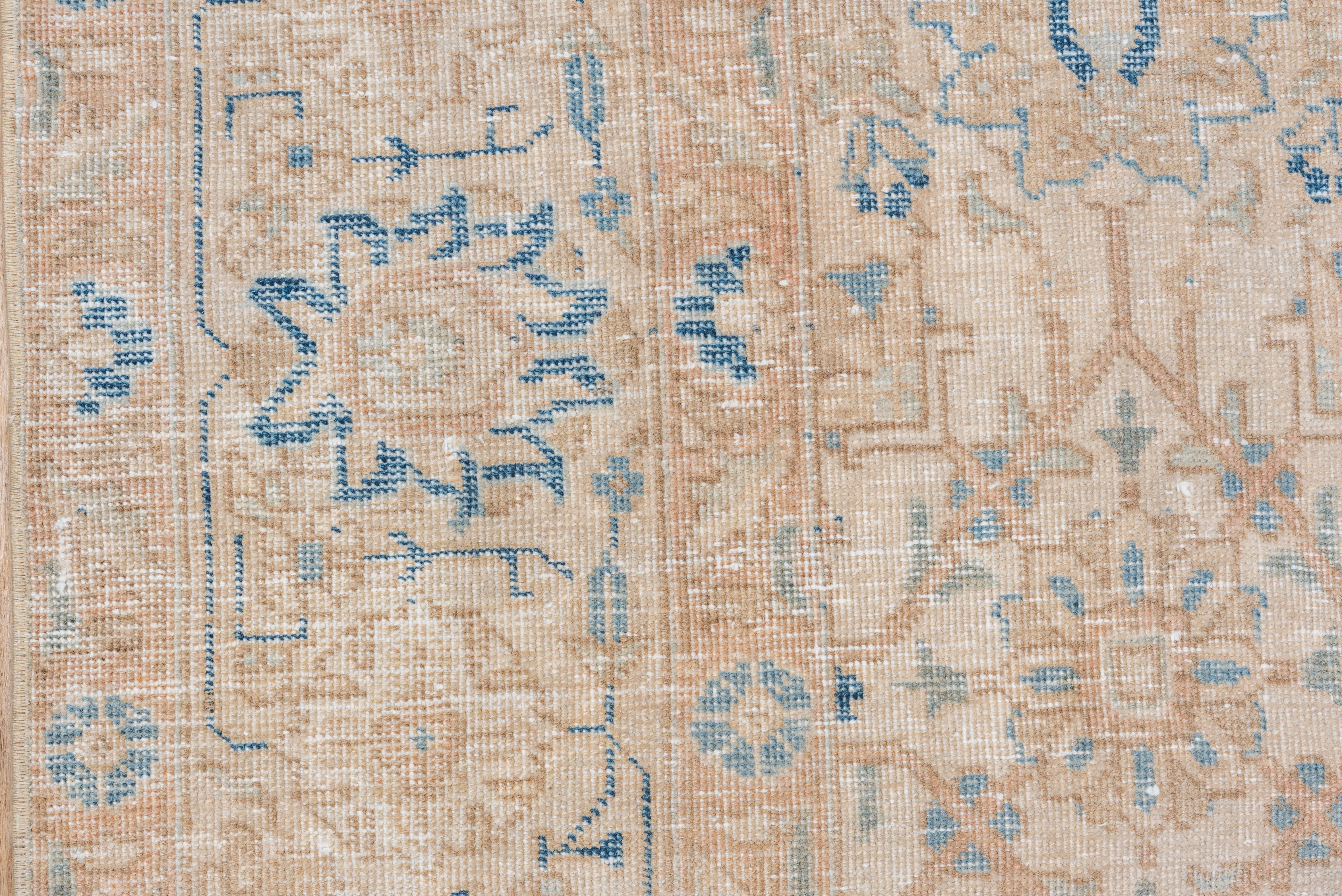 Wool Vintage Tabriz Rug faded floral medallion in sand and blue For Sale
