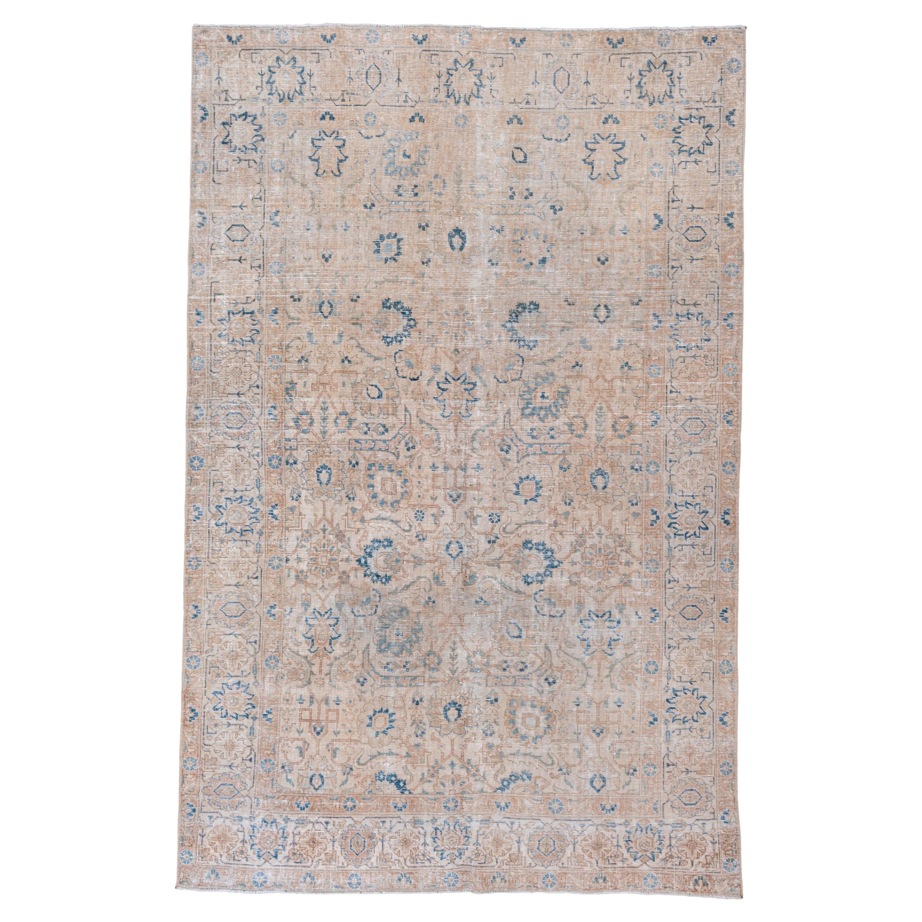Vintage Tabriz Rug faded floral medallion in sand and blue For Sale