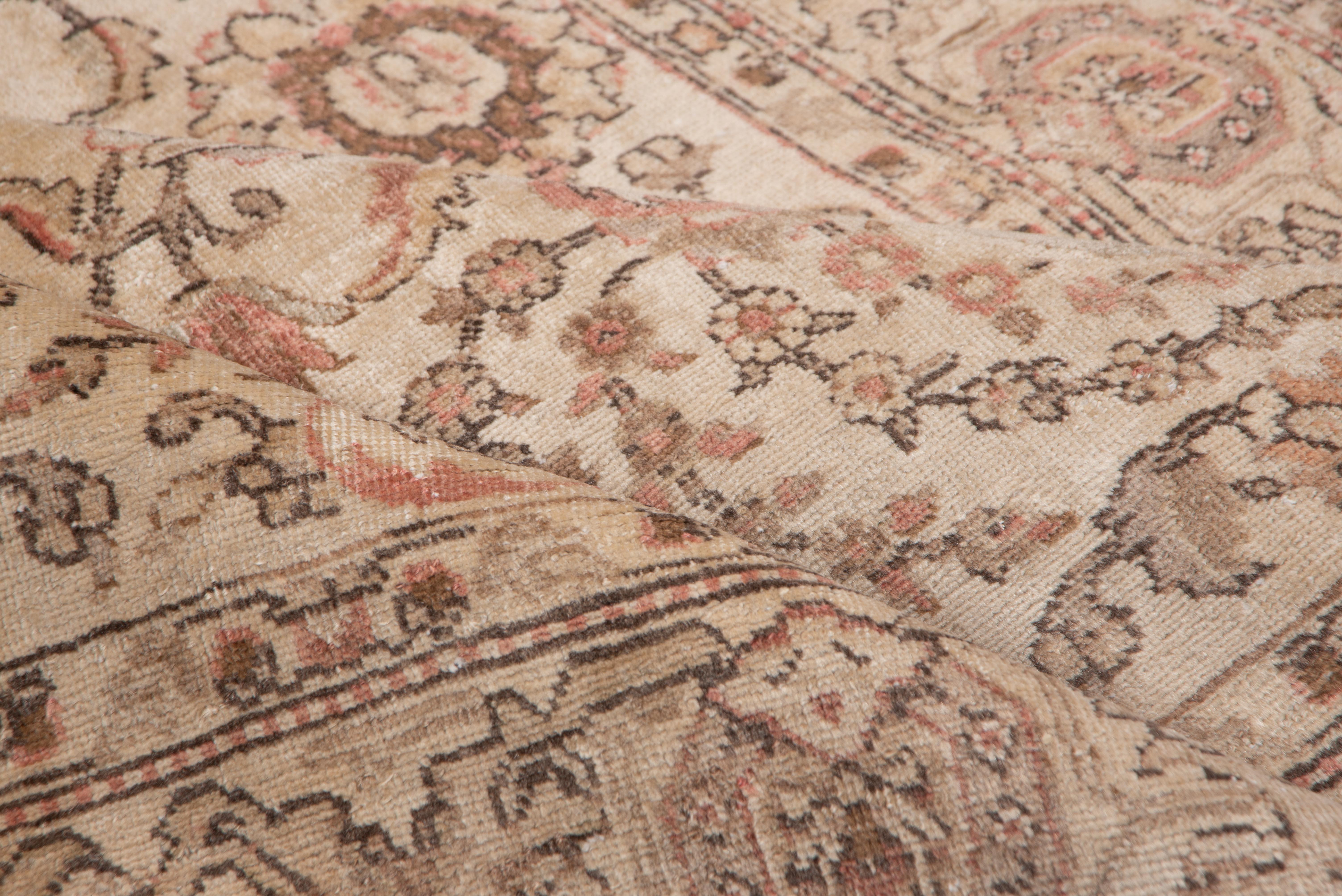 Questo tappeto Tabriz vintage è una graziosa espressione della raffinatezza persiana, resa in una delicata tavolozza di sabbia, arrossire e grigio caldo. Il disegno floreale a tutto campo si dispiega in un'armoniosa simmetria, con rosette, fiori di