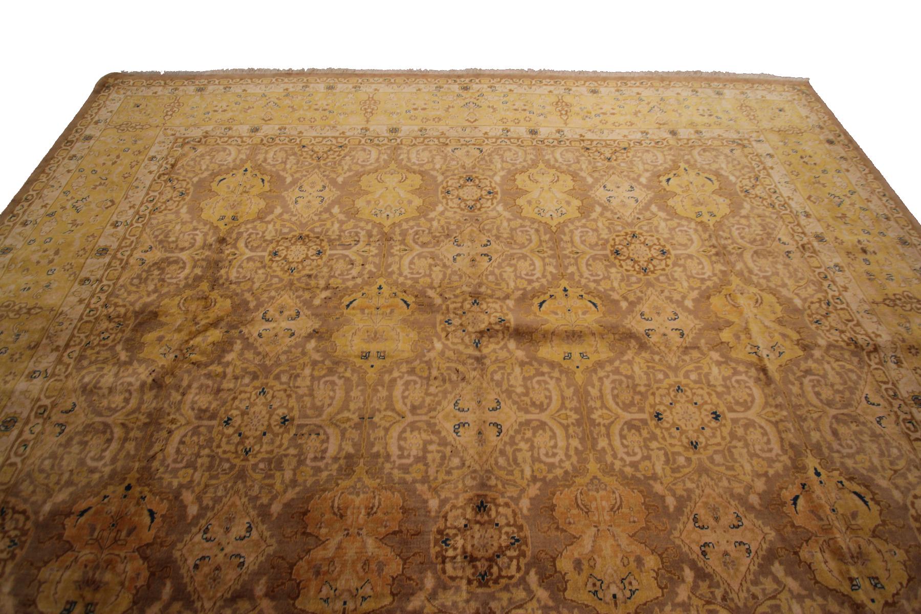 Hand-Knotted Vintage Tabriz Rug Geometric Overall Design Gold 9x12 Handmade Persian Rug For Sale
