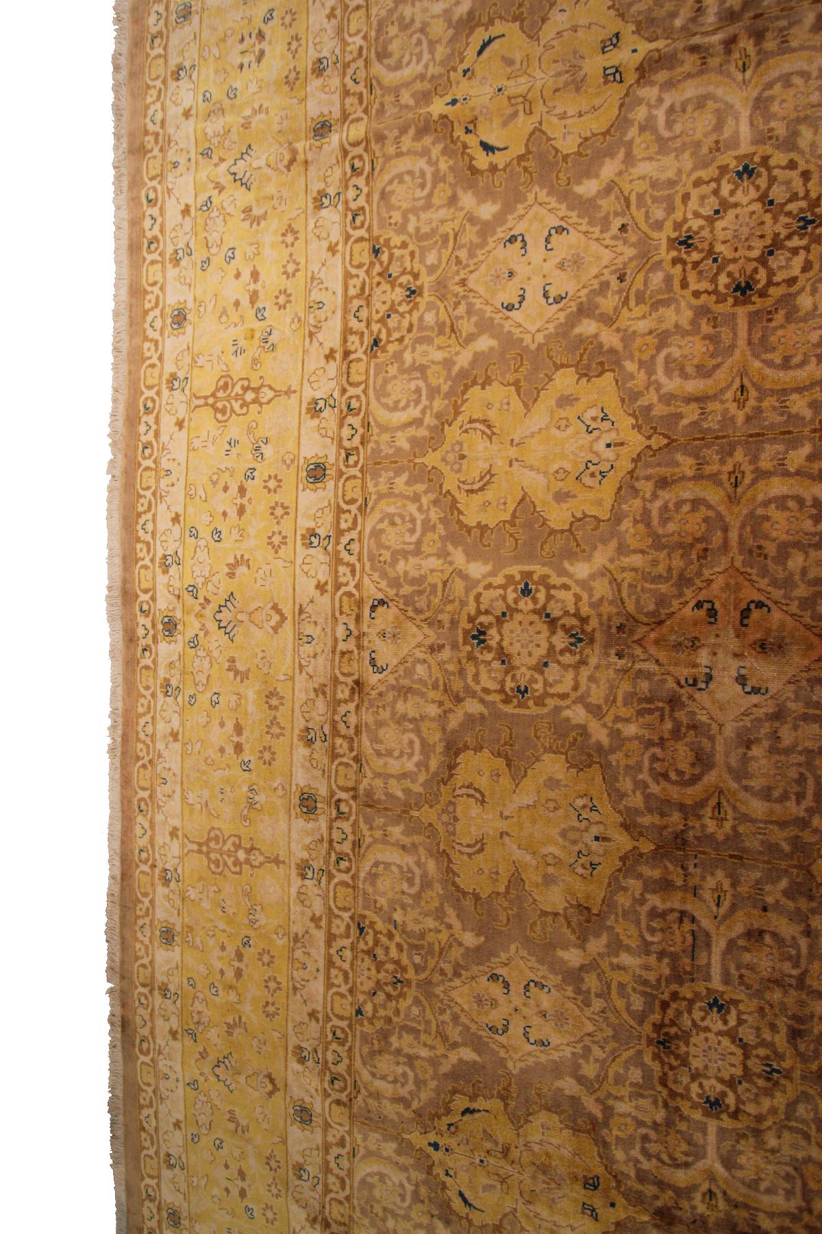Wool Vintage Tabriz Rug Geometric Overall Design Gold 9x12 Handmade Persian Rug For Sale