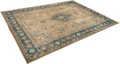 Vintage Tabriz Rug, Hand-knotted , 15.8 × 11.8 ft – Ivory, Royal Blue and Beige