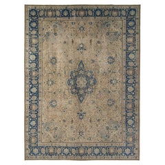 Vintage Tabriz Rug, Hand-knotted , 15.8 × 11.8 ft – Ivory, Royal Blue and Beige