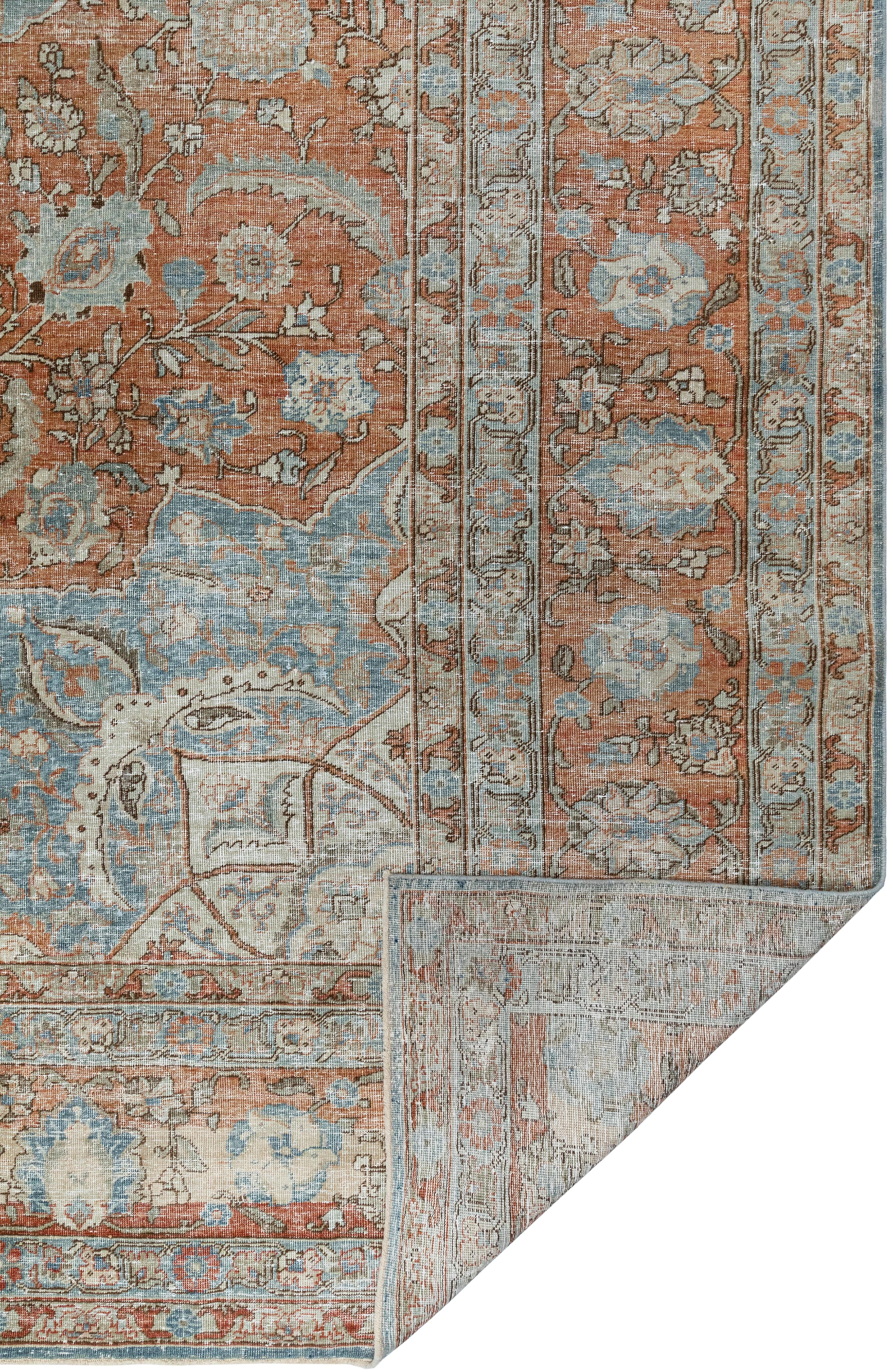 Tapis Tabriz vintage  Laine nouée à la main  Rouille et bleu  Milieu du 20e siècle en vente 4