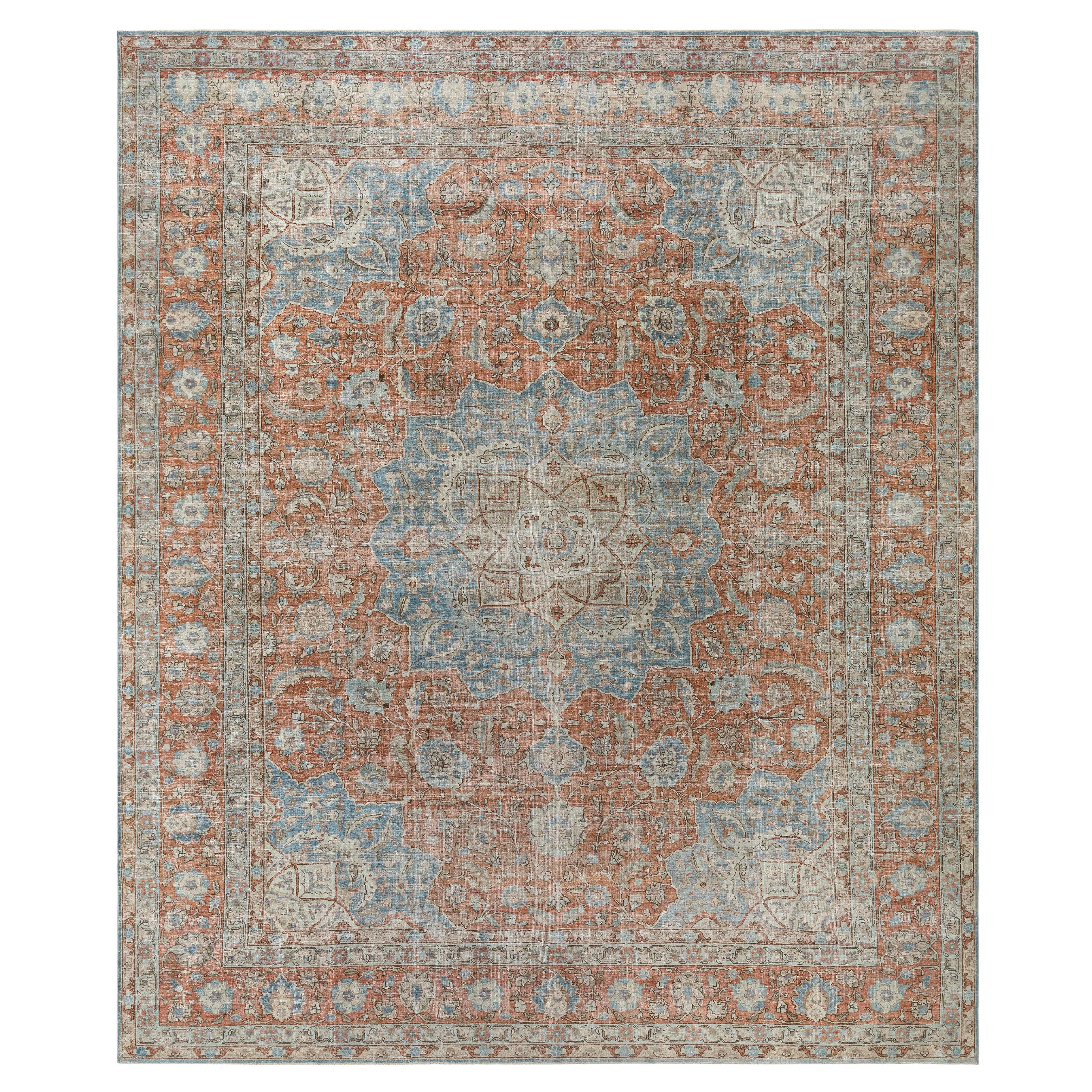 Tapis Tabriz vintage  Laine nouée à la main  Rouille et bleu  Milieu du 20e siècle en vente