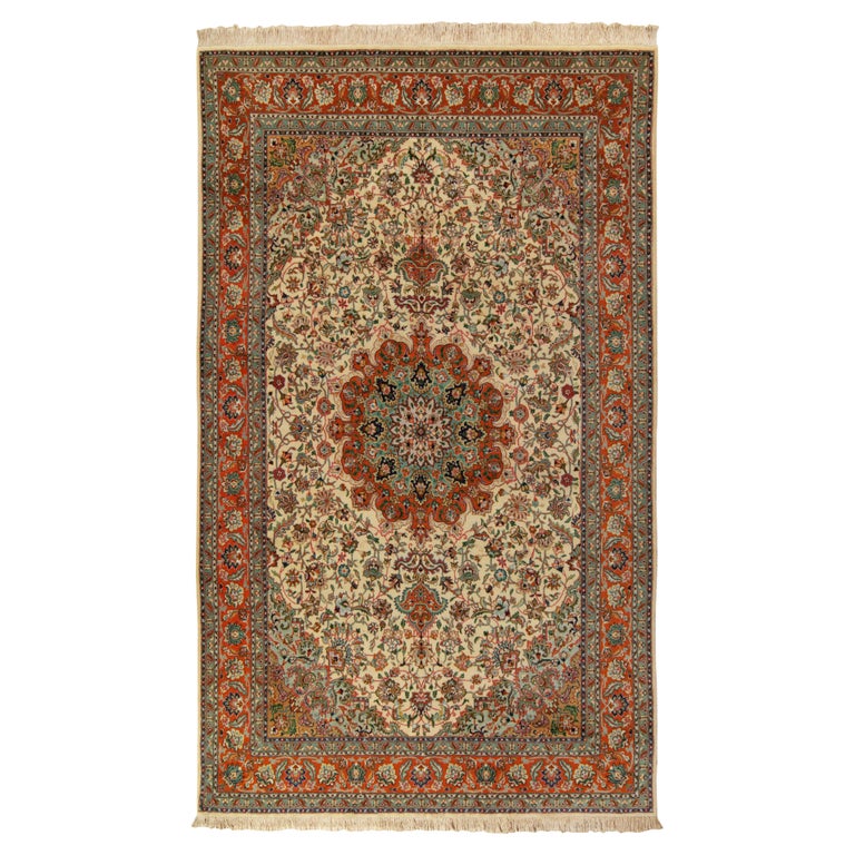 Vintage Tabriz Rug in Beige, Blue and Green Medallion Pattern by Rug