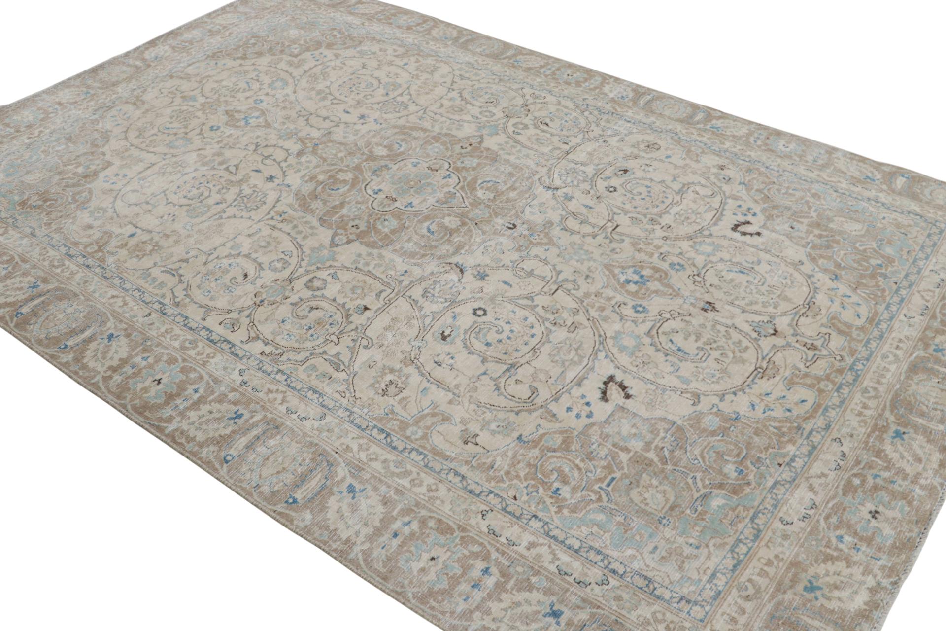 Hand knotted in wool on cotton, a 7x10 Persian Tabriz rug circa 1970-1980 - latest to join Rug & Kilim’s vintage selections.

On the Design:

The rug enjoys an antique wash creating its shabby-chic, distressed look while still being a young vintage