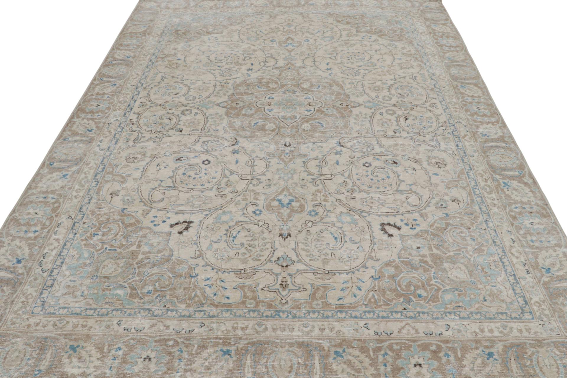 Persian Vintage Tabriz rug in Beige, Brown and Blue Floral Patterns by Rug & Kilim For Sale