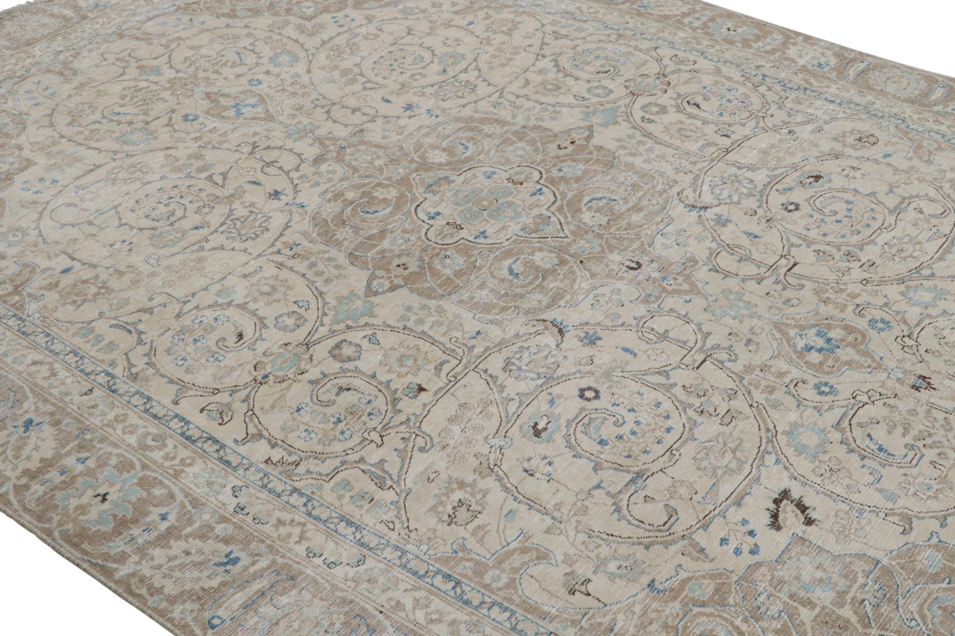 Hand-Knotted Vintage Tabriz rug in Beige, Brown and Blue Floral Patterns by Rug & Kilim For Sale