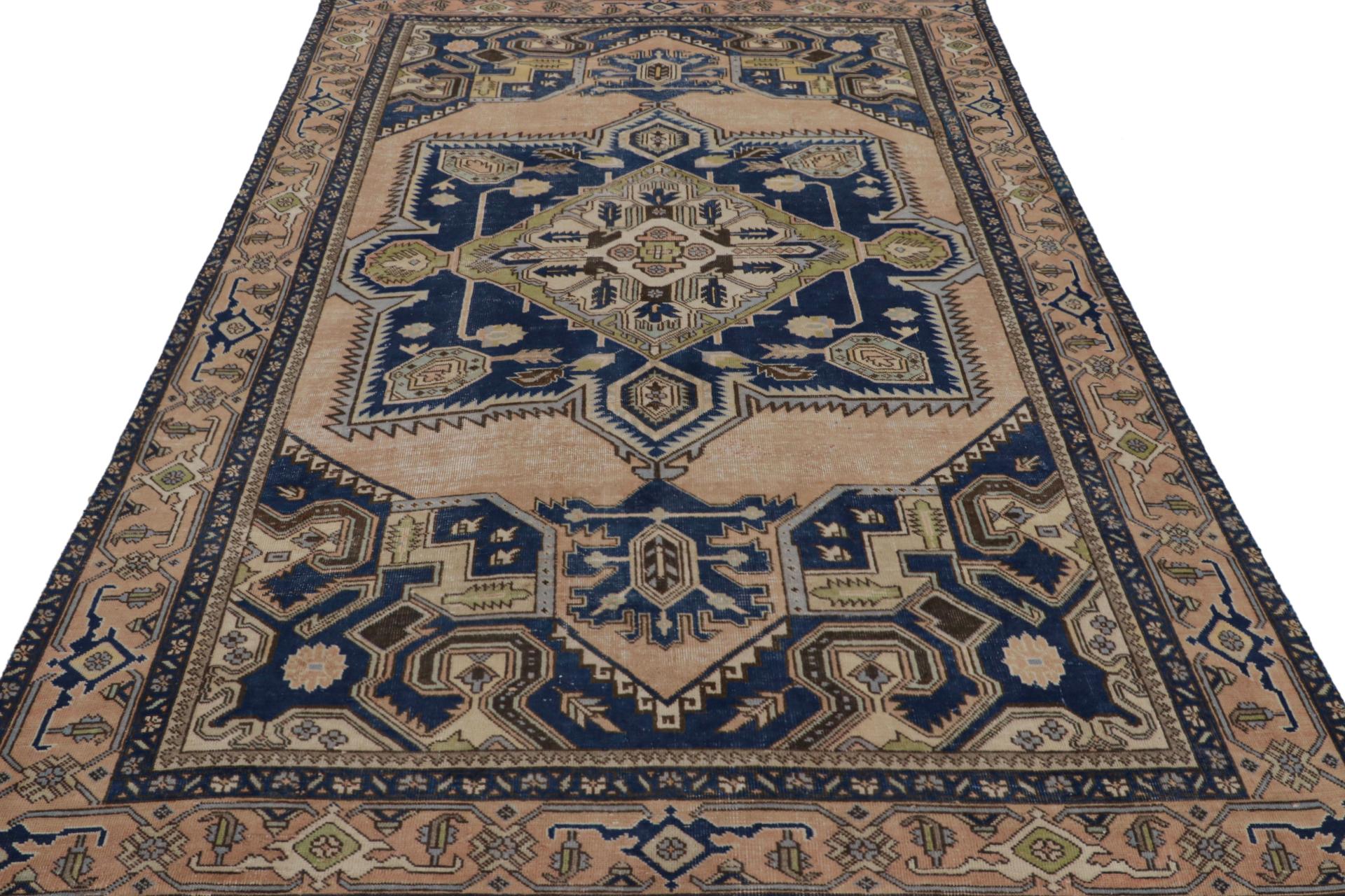 Persian Vintage Tabriz rug in Beige-Brown and Blue Geometric Patterns by Rug & Kilim For Sale