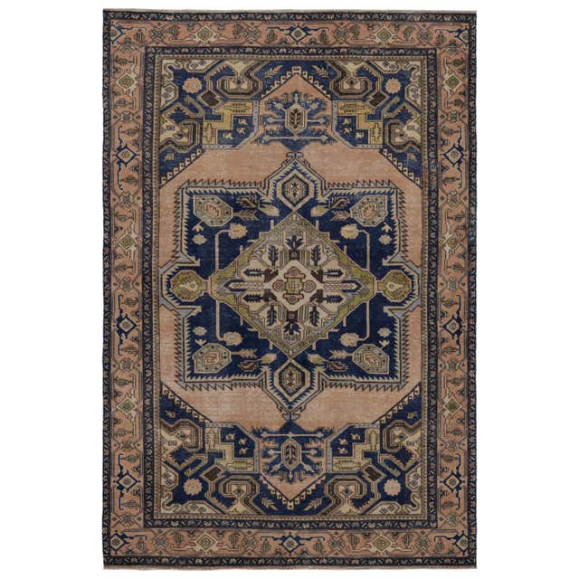 Vintage Turkish Rug with Geometric Design in Blue, Gold and Cream ...