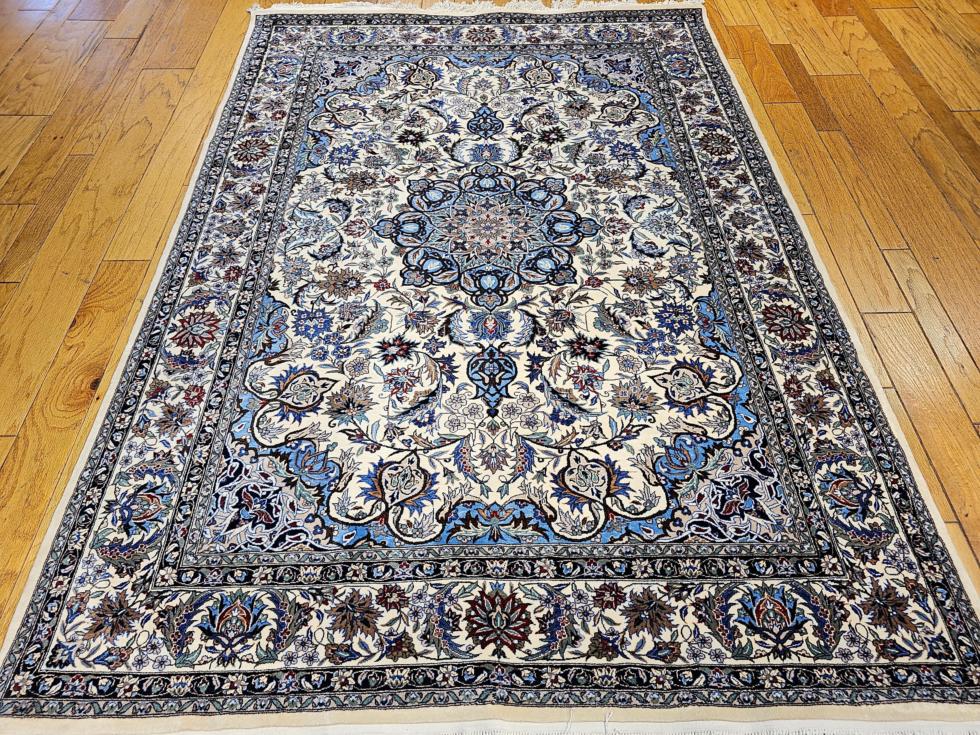 Vintage Tabriz Rug in Floral Design With French Blue, Green, and Ivory Colors For Sale 6