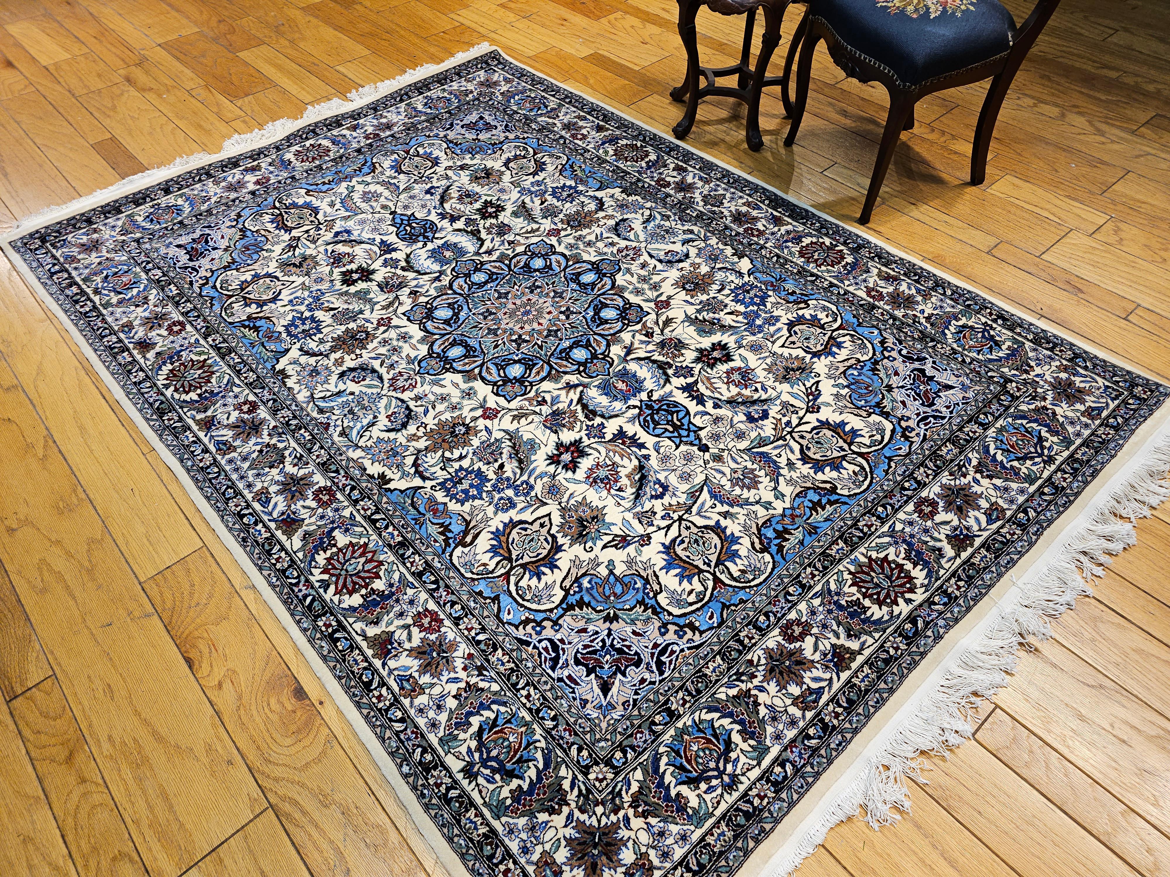 Vintage Tabriz Rug in Floral Design With French Blue, Green, and Ivory Colors For Sale 7