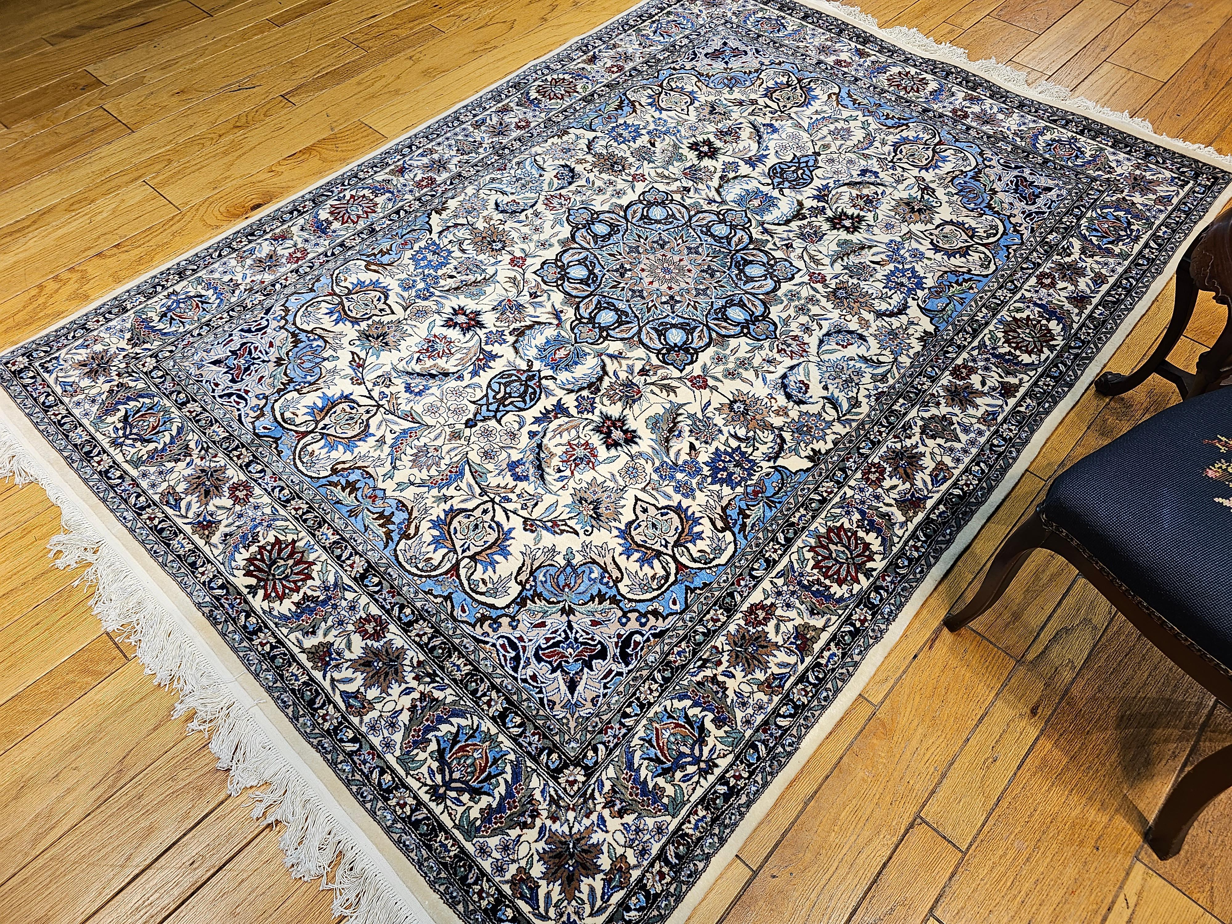 Vintage Tabriz Rug in Floral Design With French Blue, Green, and Ivory Colors For Sale 8