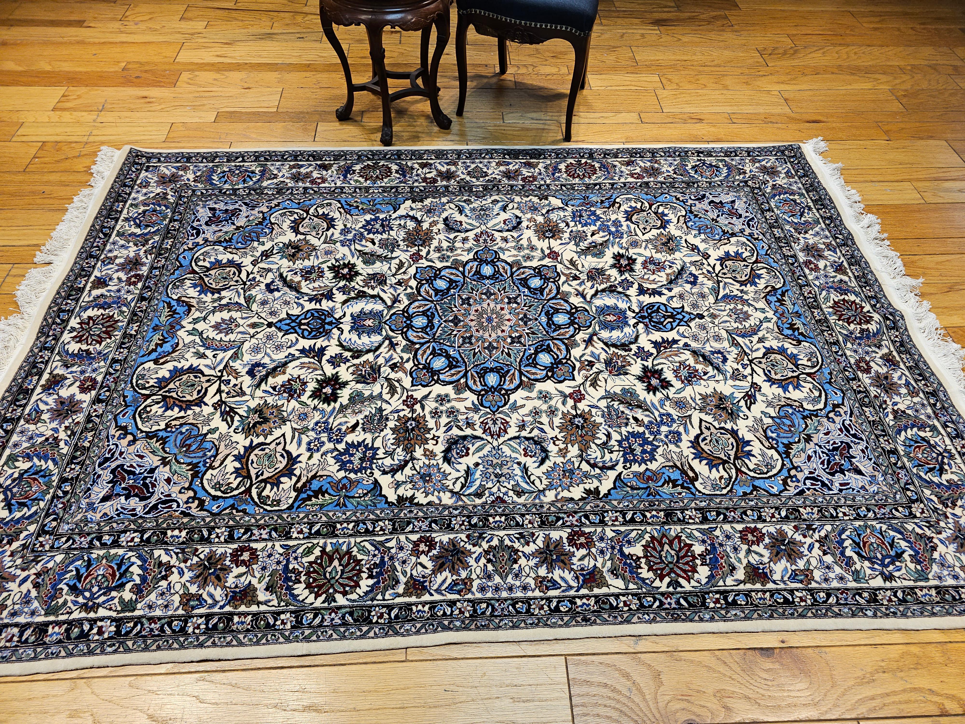 Vintage Tabriz Rug in Floral Design With French Blue, Green, and Ivory Colors For Sale 9