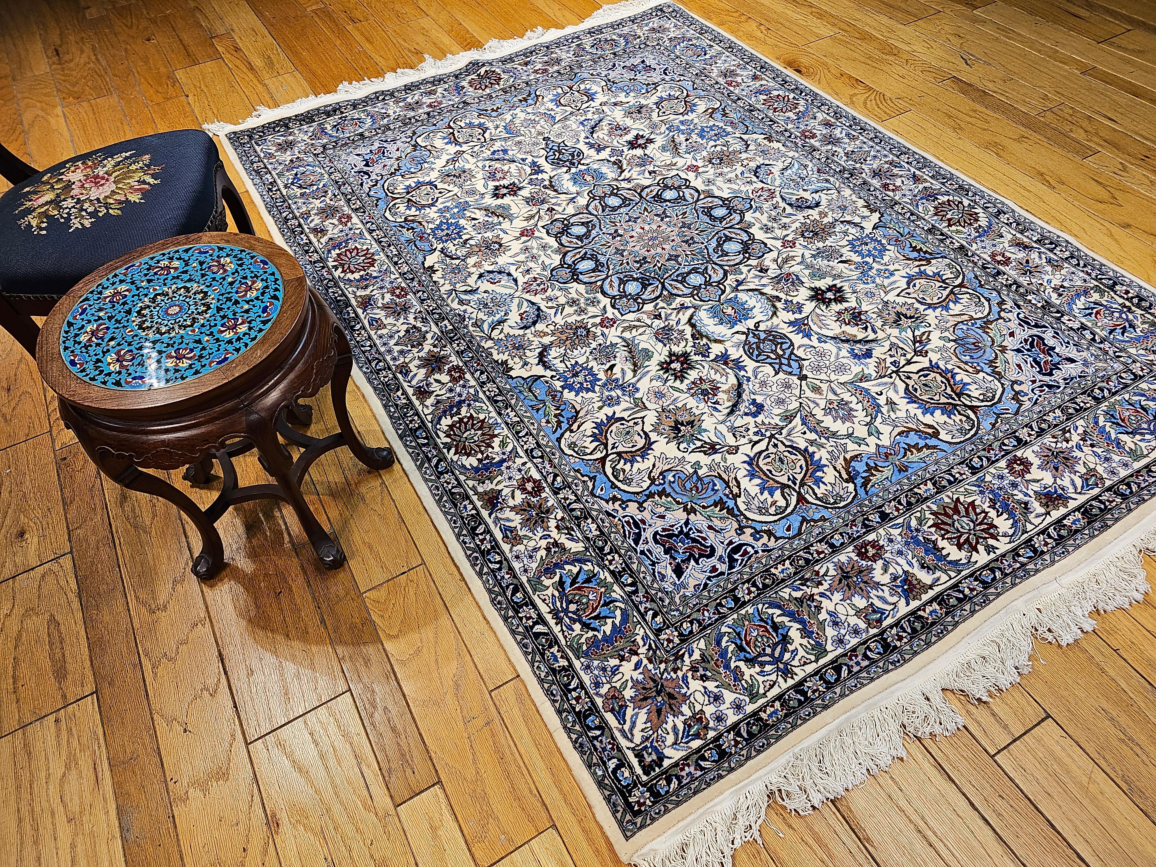 Vintage Tabriz Rug in Floral Design With French Blue, Green, and Ivory Colors For Sale 10