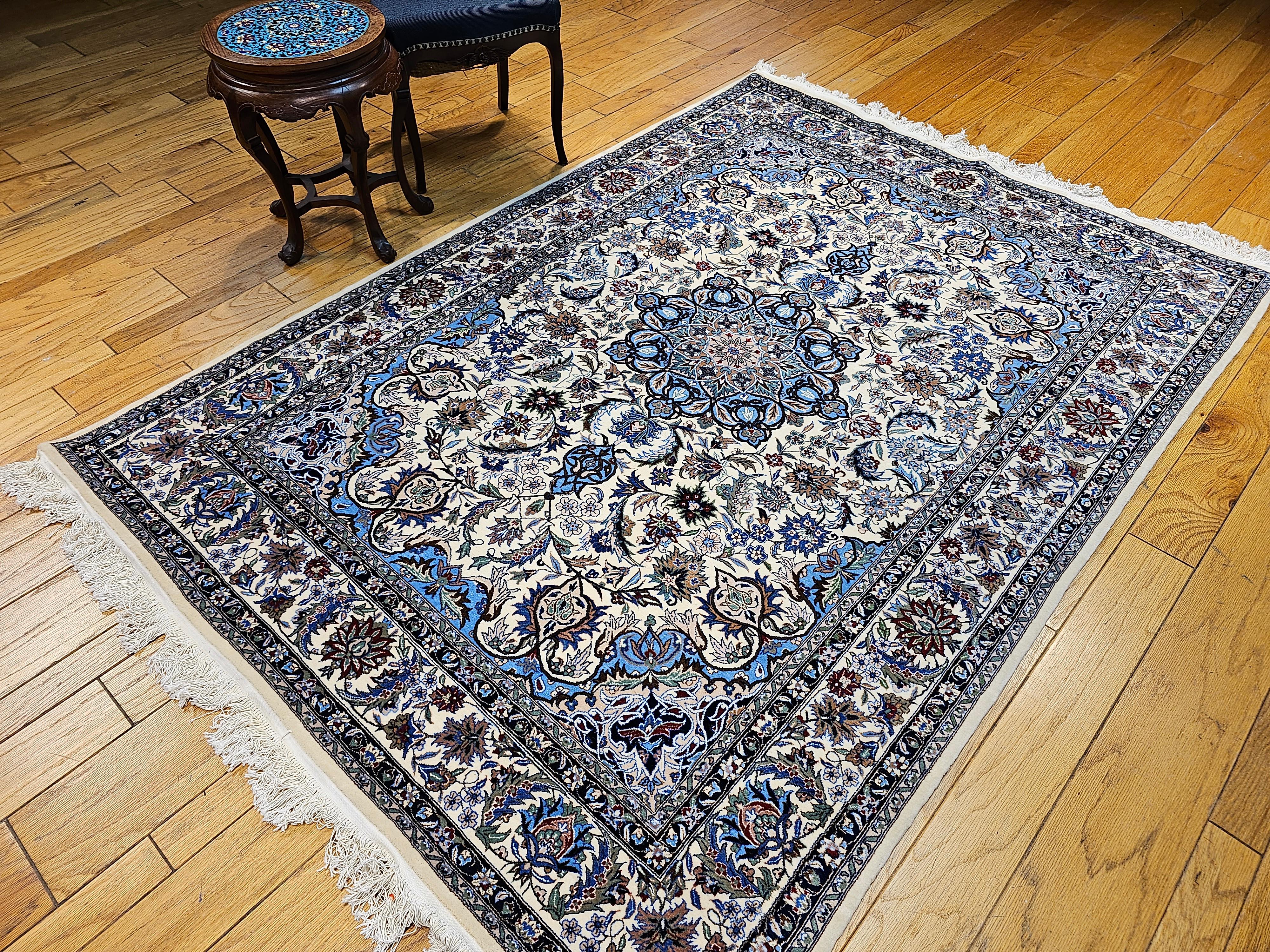 Vintage Tabriz Rug in Floral Design With French Blue, Green, and Ivory Colors For Sale 11