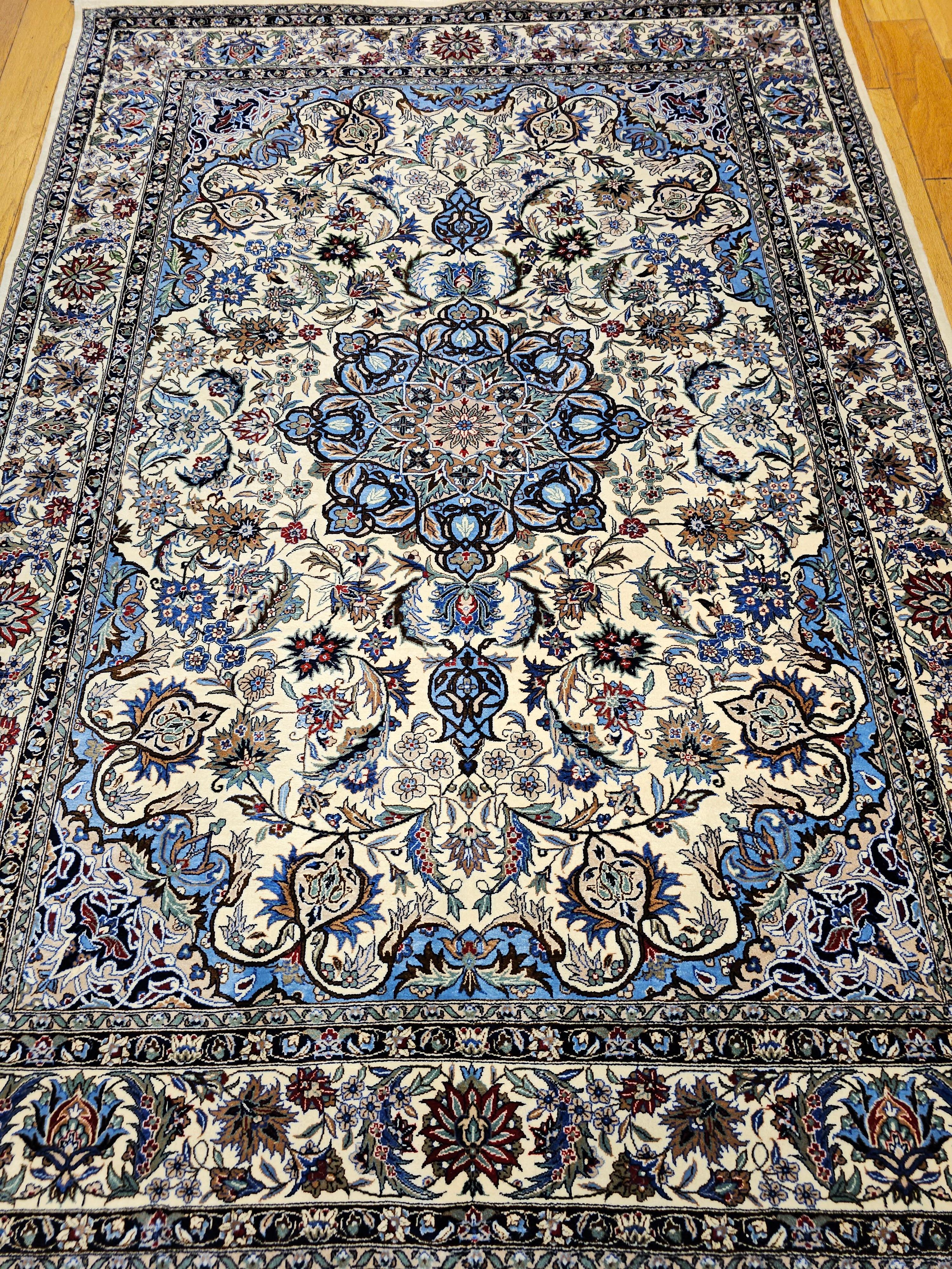 Vintage Tabriz Rug in Floral Design With French Blue, Green, and Ivory Colors For Sale 12