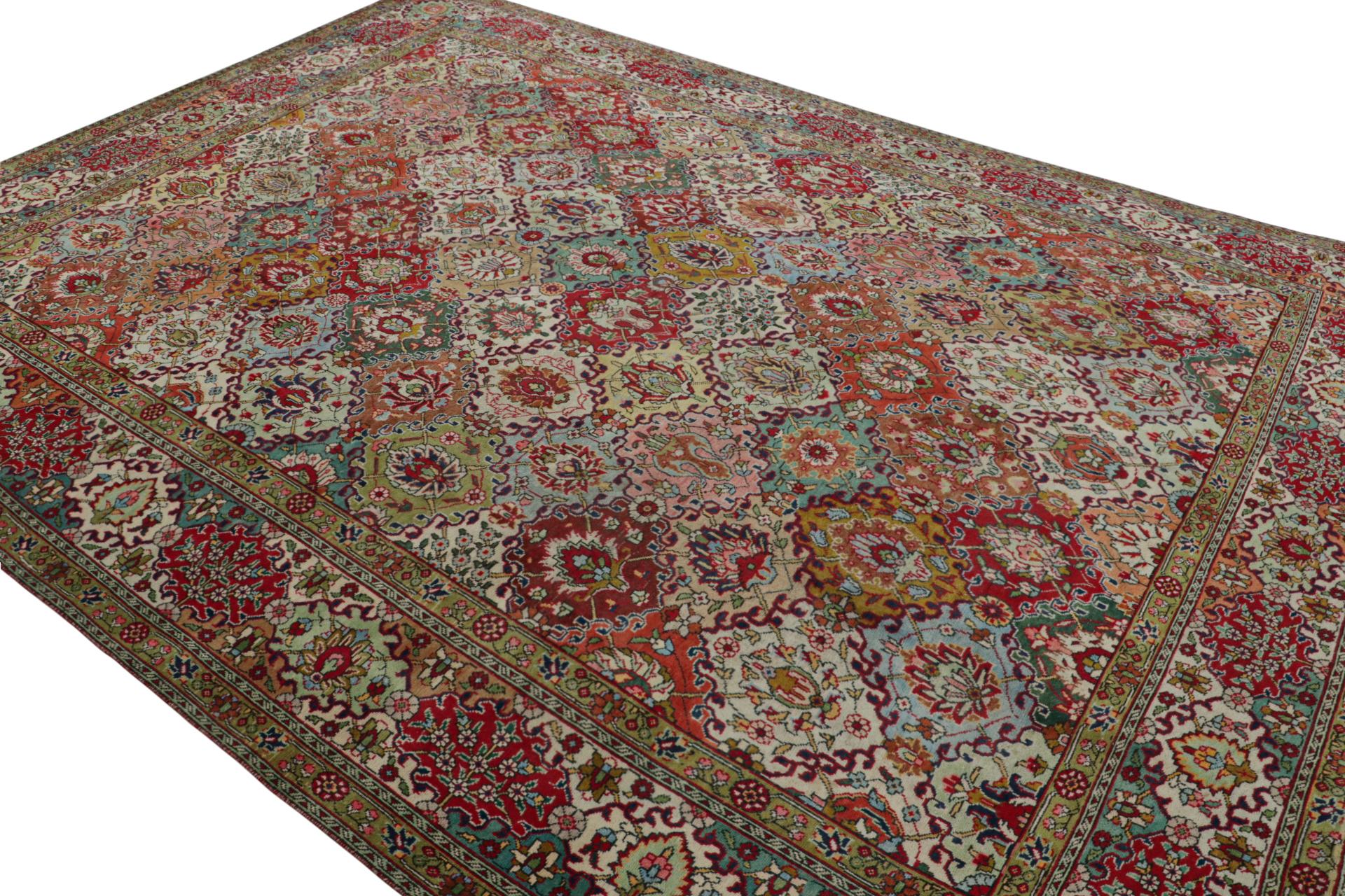 Hand knotted in wool, a 10x12 Persian Tabriz rug circa 1970-1980 - latest to join Rug & Kilim’s vintage selections.

On the Design:

Drawing on Kerman and Yazd rug designs, this rug is a royal selection that enjoys a vivid polychromatic floral