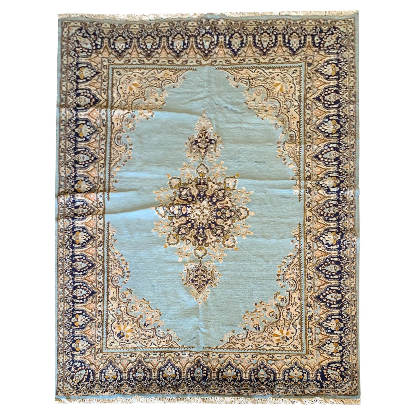 Tapis vintage Tabriz, tapis bleu turquoise médaillon en laine