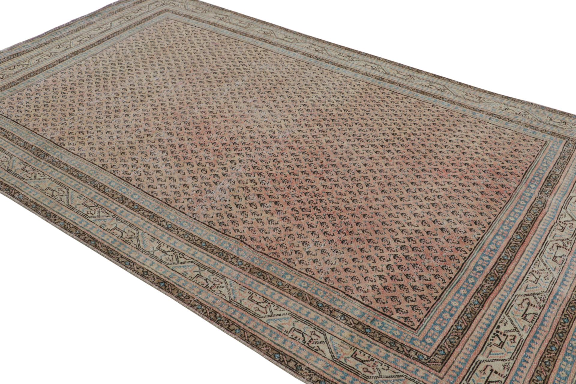 Hand knotted in wool on cotton, a 6x10 Persian Tabriz rug circa 1970-1980 - latest to join Rug & Kilim’s vintage selections.

On the Design:

The rug is overdyed and antique washed for gorgeous saturated colors and is quite a distressed beauty