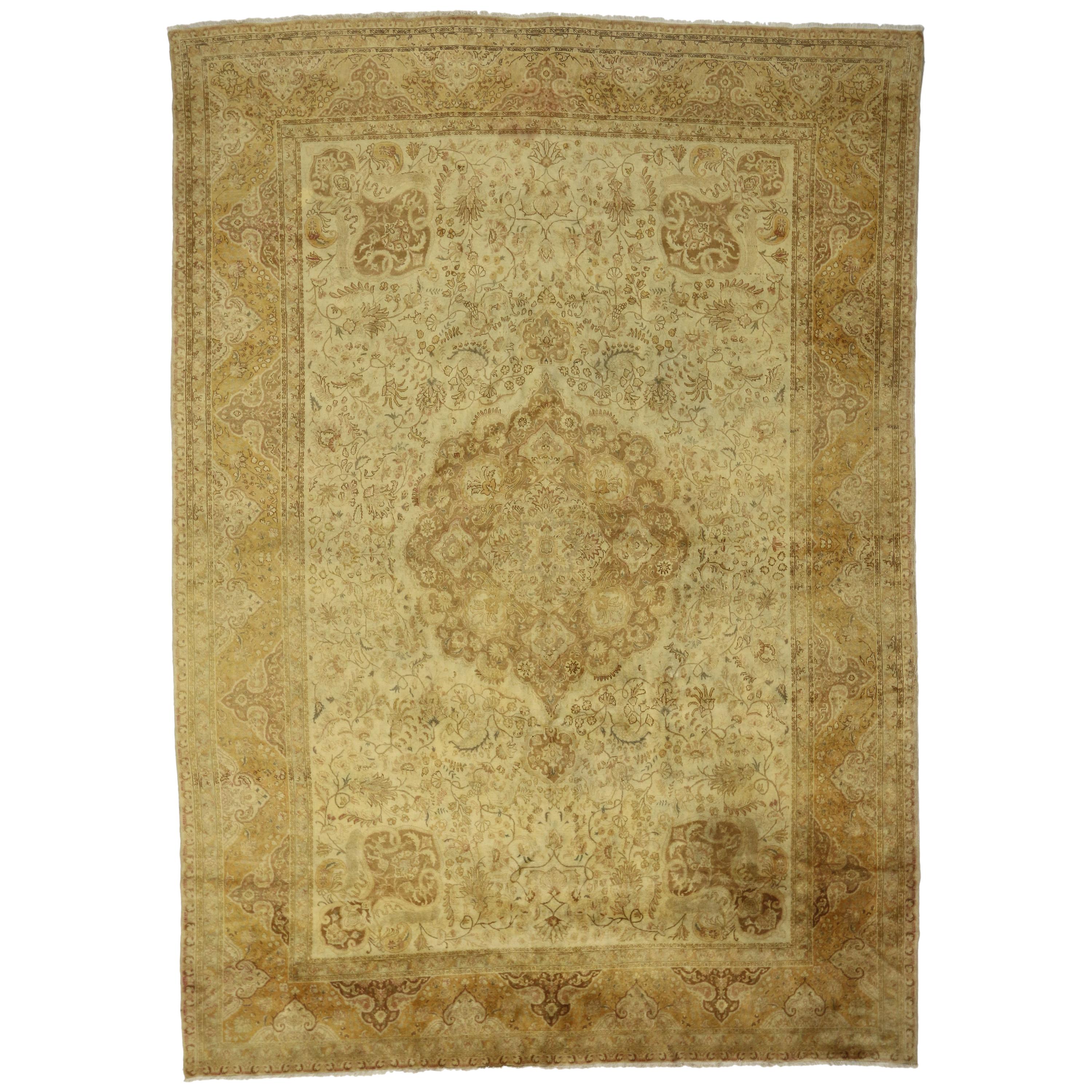 Vintage Tabriz Rug with Traditional Style in Warm, Neutral Colors For